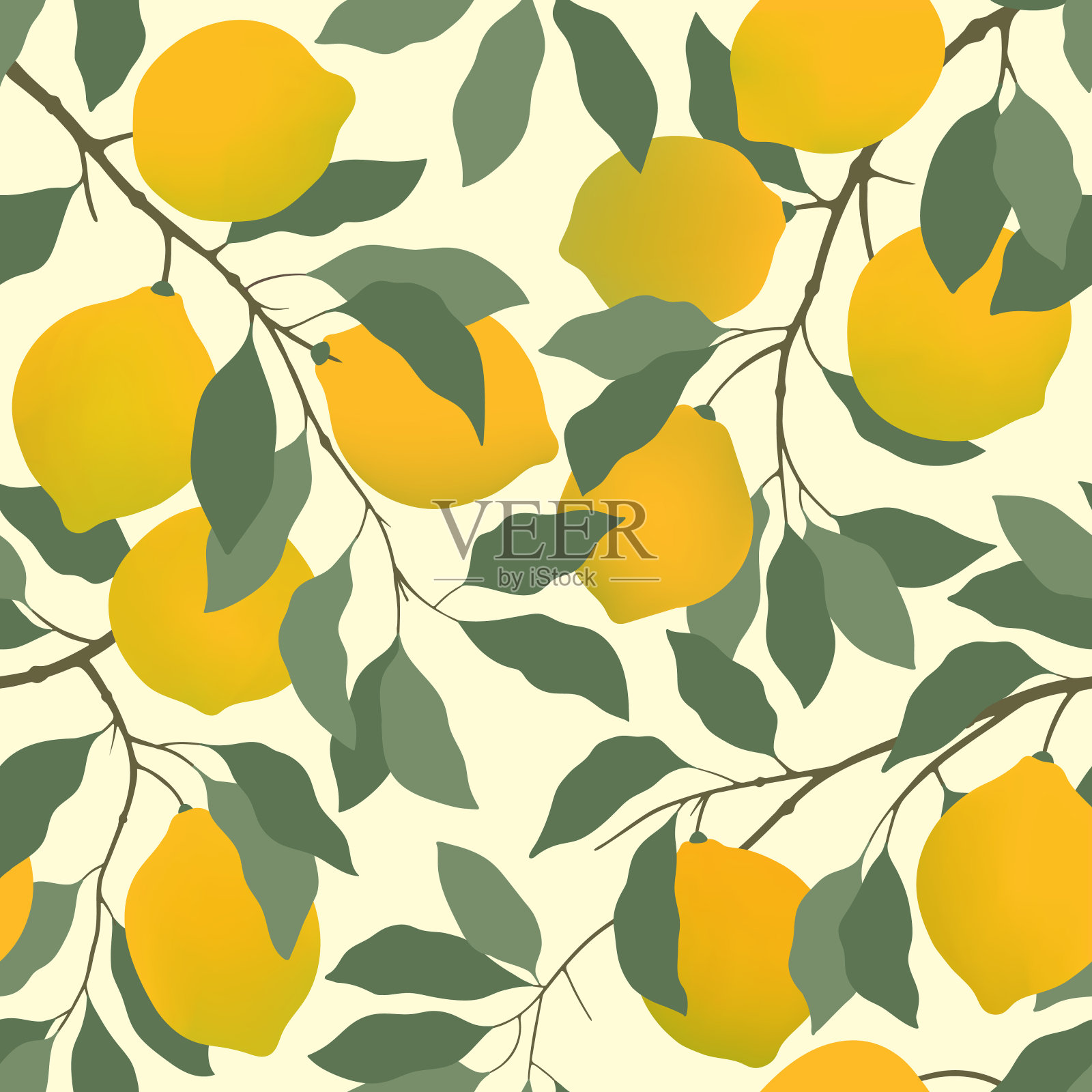 柠檬无缝模式。柠檬在树枝上，叶子在黄色的背景。插画图片素材