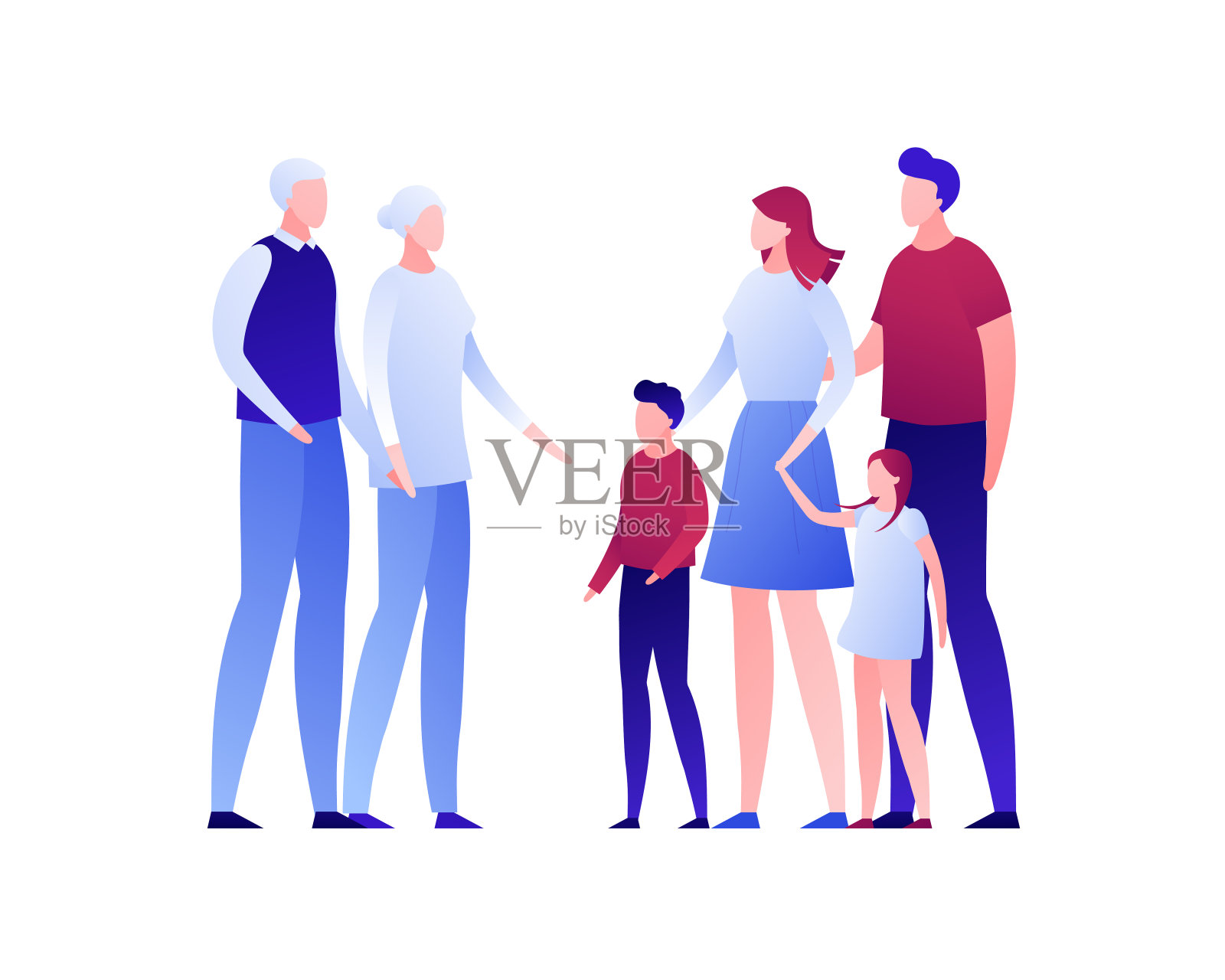 矢量平面现代大家族人物插图。祖父母和男孩、女孩、孙子被隔离在白人背景下。设计元素家庭爱、关系概念设计元素图片