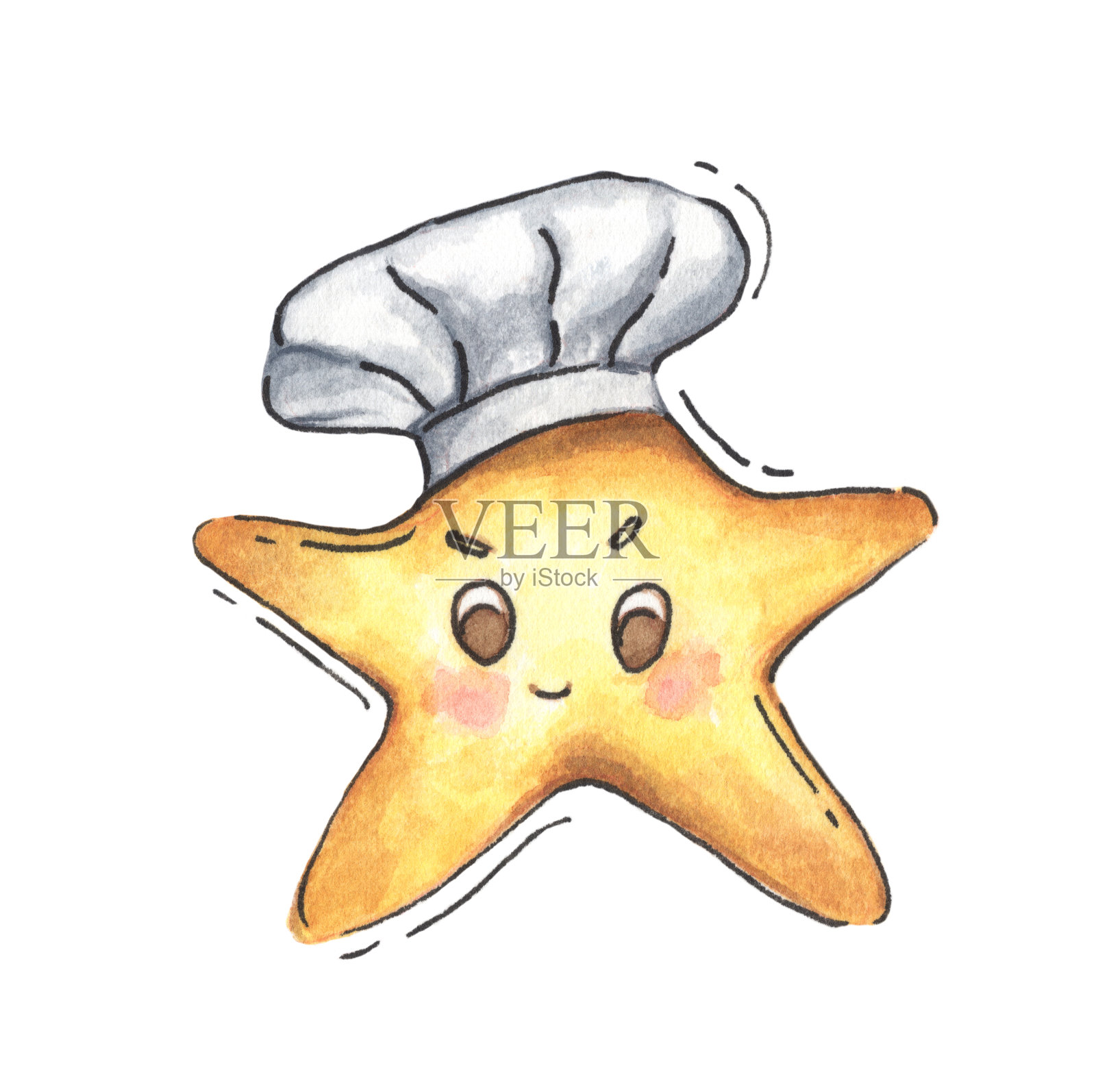 戴着白色厨师帽的黄色星星。水彩插图。统一的首饰产品。插画图片素材