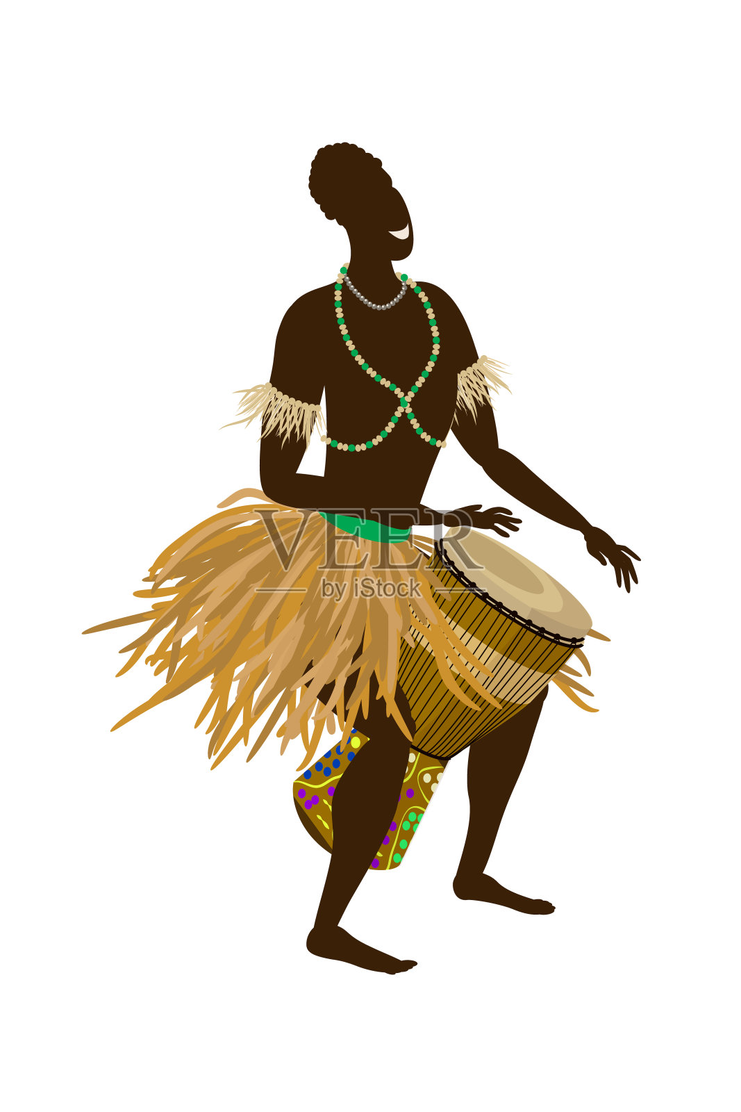 一个穿着民族服装的非洲人演奏民族鼓——djembe。矢量插图在平面风格孤立在白色背景。插画图片素材