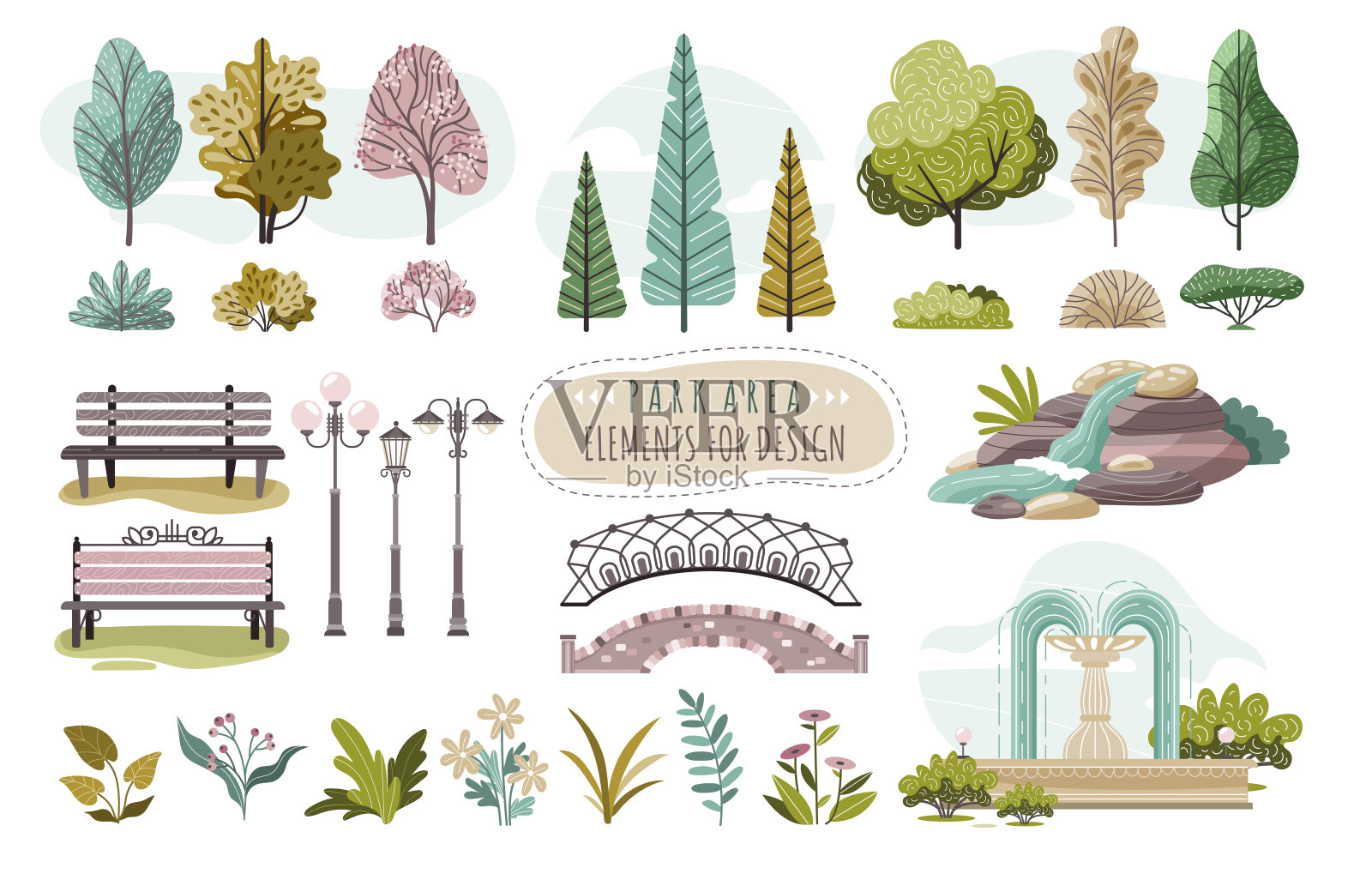 一套孤立的公园元素，树和花，矢量插图设计元素图片