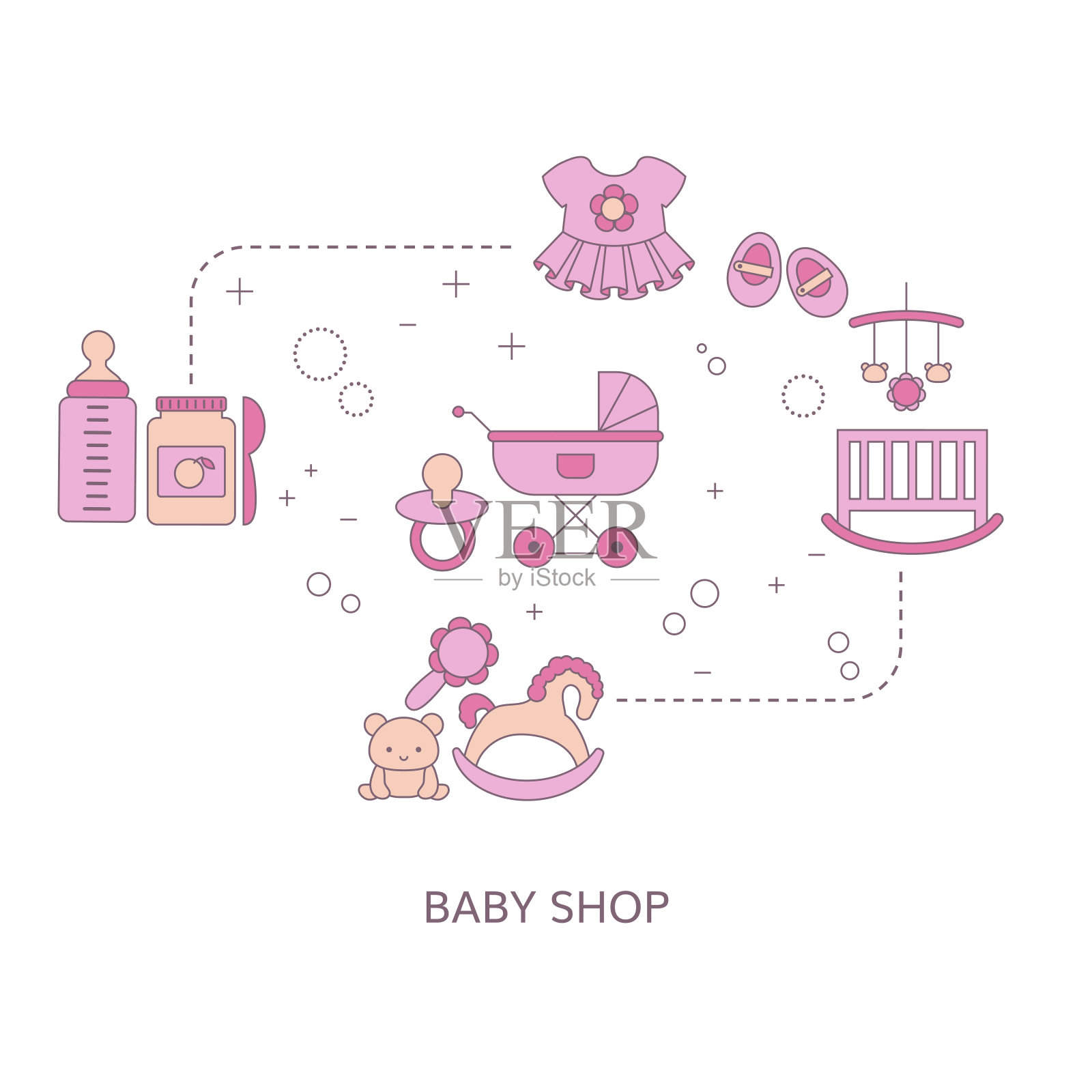 概念婴儿商店与婴儿项目图标。插画图片素材