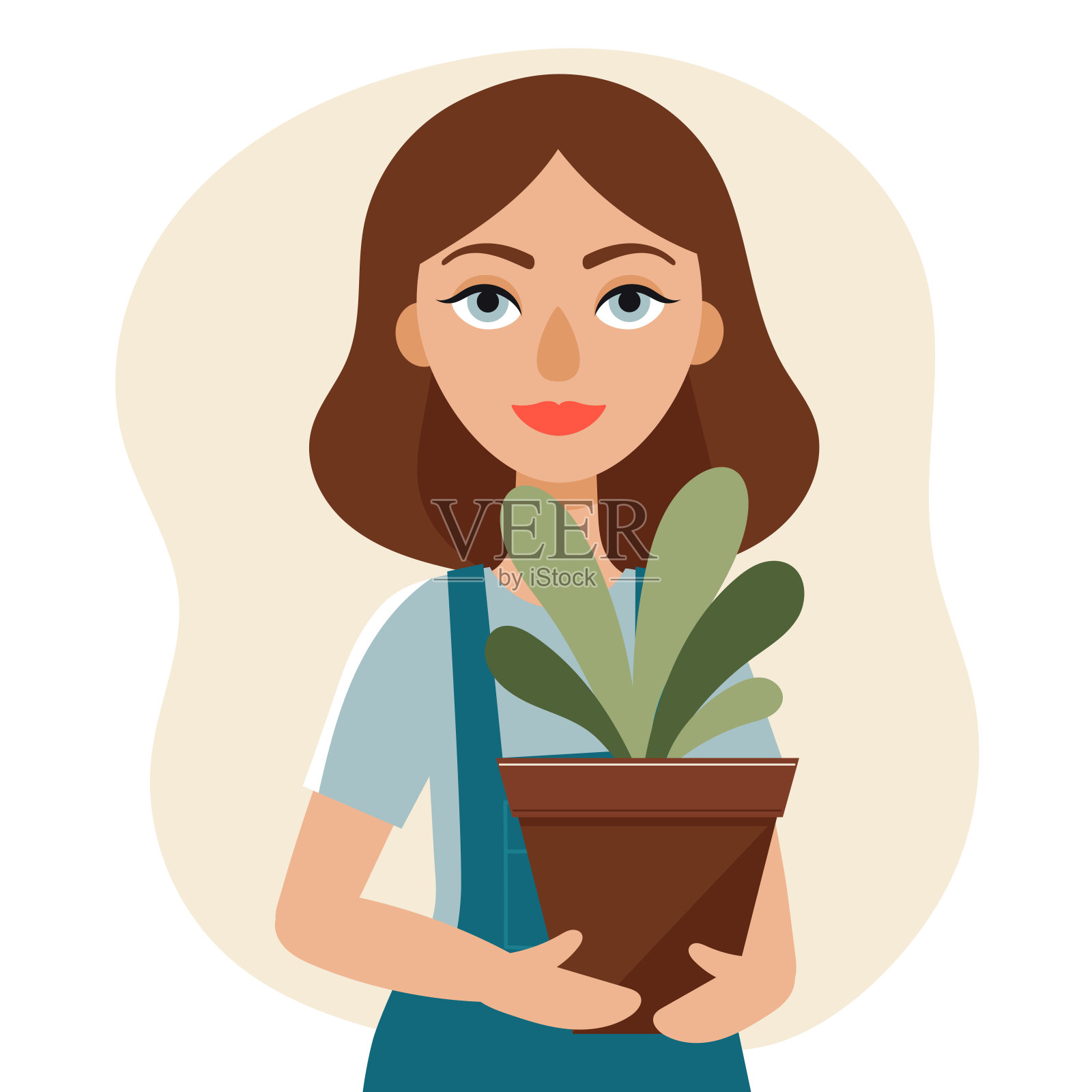 一个年轻漂亮的女人拿着一个花盆，手里拿着一棵植物。园艺，爱好，春季活动，乡村，室内。平面向量插图插画图片素材