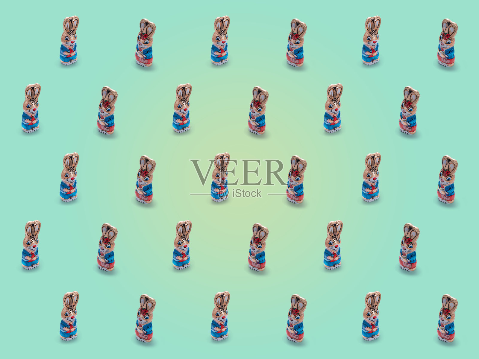 复活节兔子在一个梯度的背景，巧克力复活节兔子，概念，屏幕，明信片，壁纸，新鲜和愉快，图案，瓷砖背景，平面铺设设计照片摄影图片