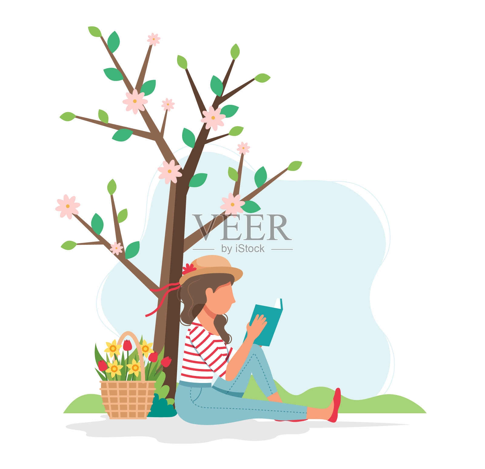一个女人在春天的树下看书。可爱的矢量插图在平面风格设计元素图片