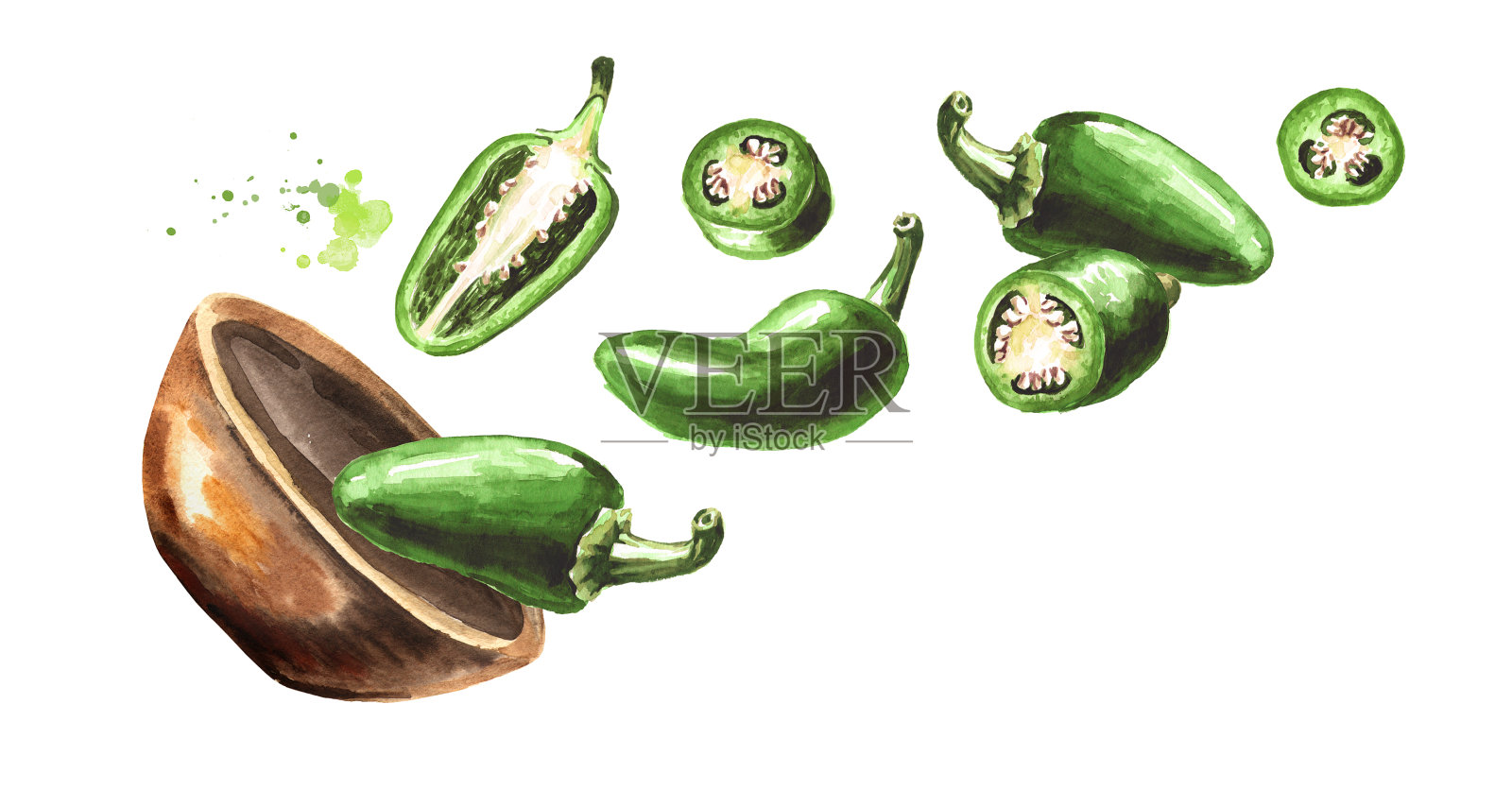 一碗墨西哥辣椒，整粒，切成两半，切成薄片。手绘水彩插图孤立的白色背景插画图片素材