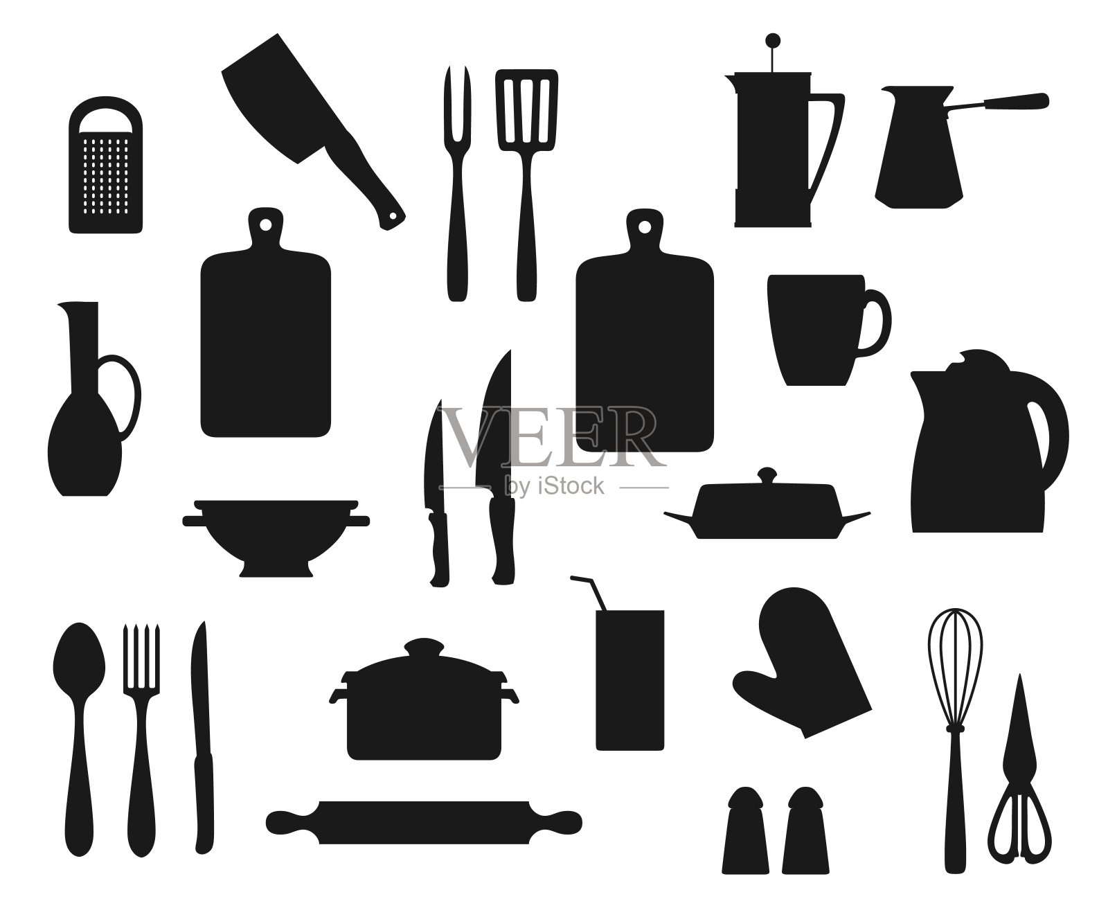 锅、匙、叉、刀。厨房用具设计元素图片