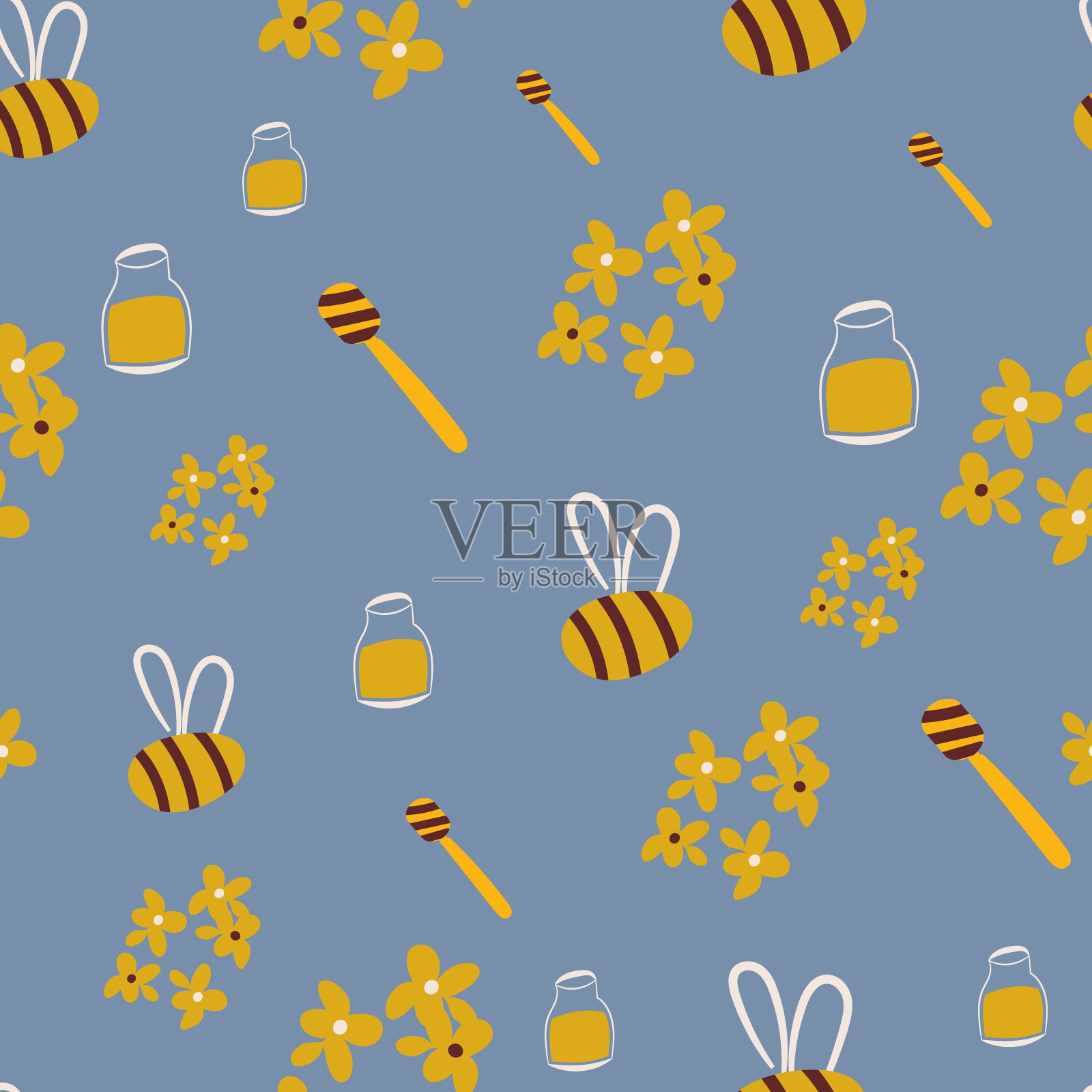 黄色蜜蜂和蜂蜜无缝载体模式插画图片素材