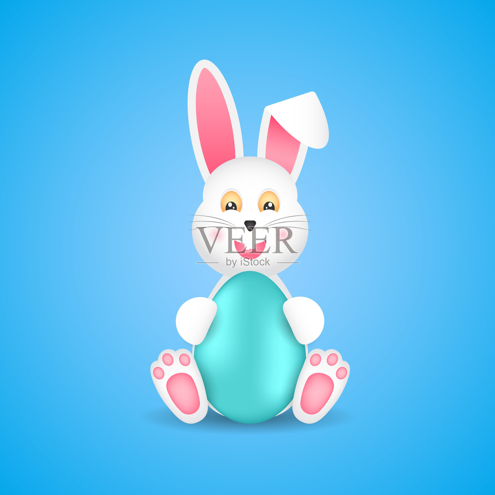卡通人物复活节白兔子坐在一个鸡蛋在蓝色的背景。设计元素图片
