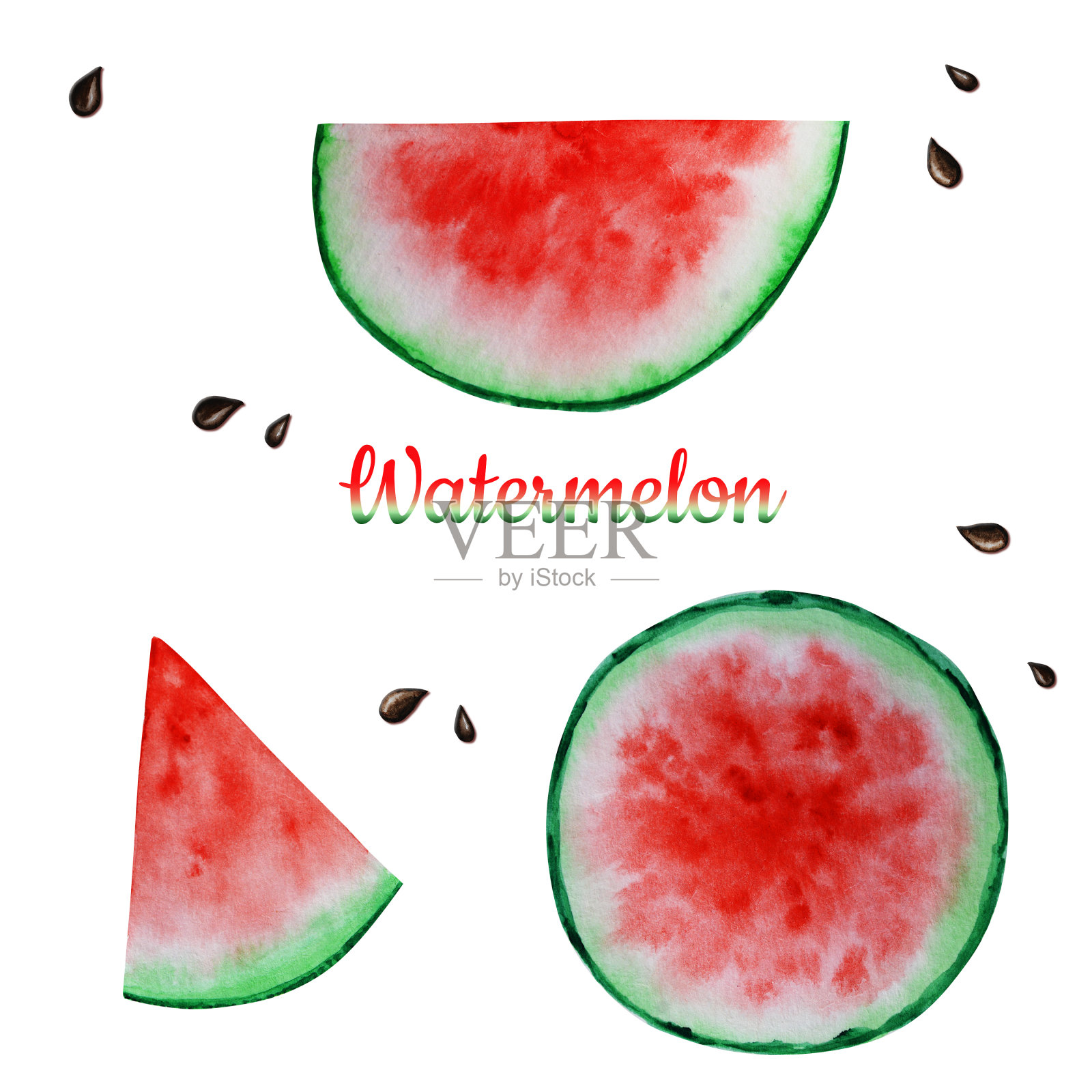 西瓜片水果套水彩手绘插图，新鲜健康食品-天然有机食品孤立在白色背景。设计元素图片