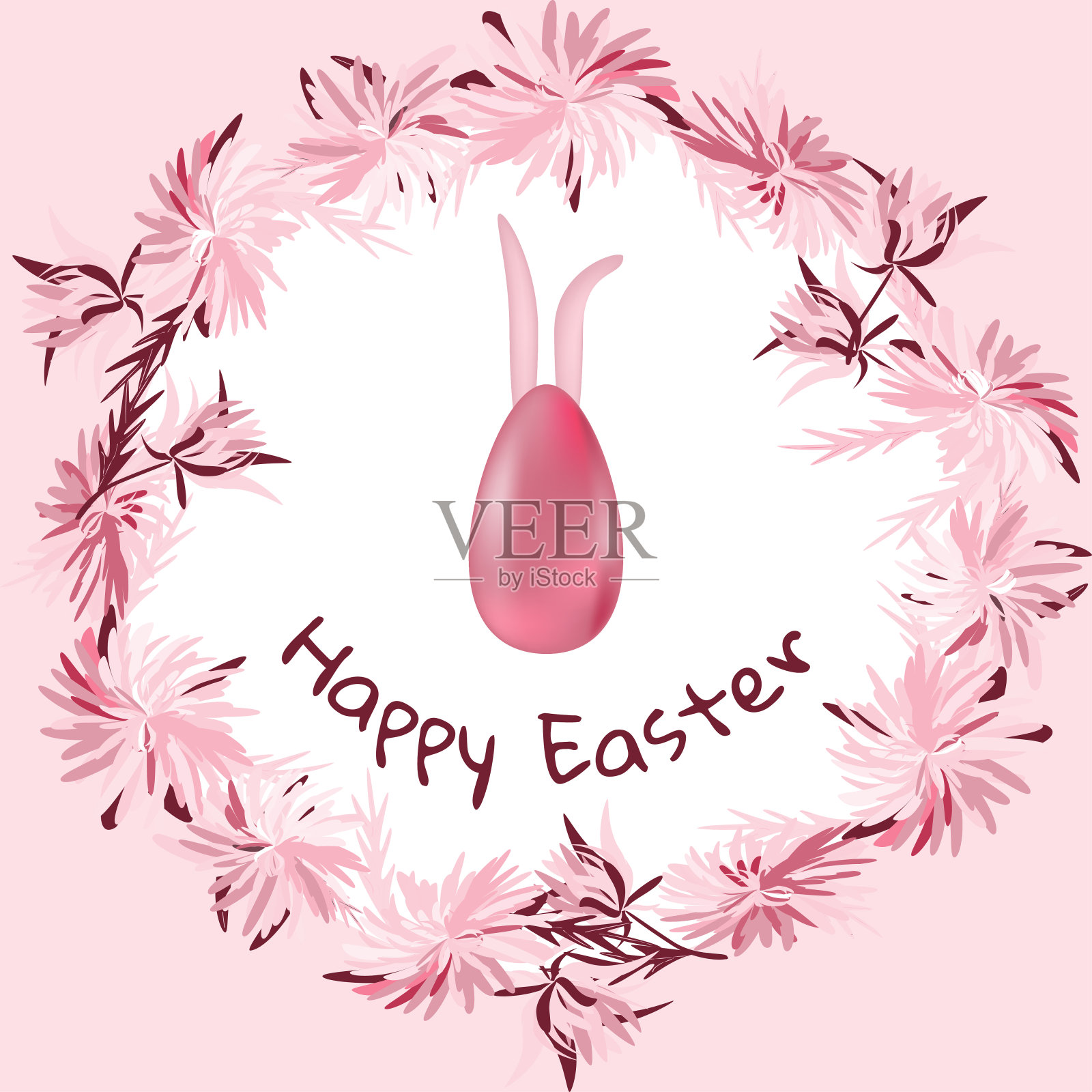 粉红色菊花做成的节日花环。中间是装饰蛋，兔耳朵，文字复活节快乐。淡粉色矢量插图假日贺卡设计，海报。设计模板素材