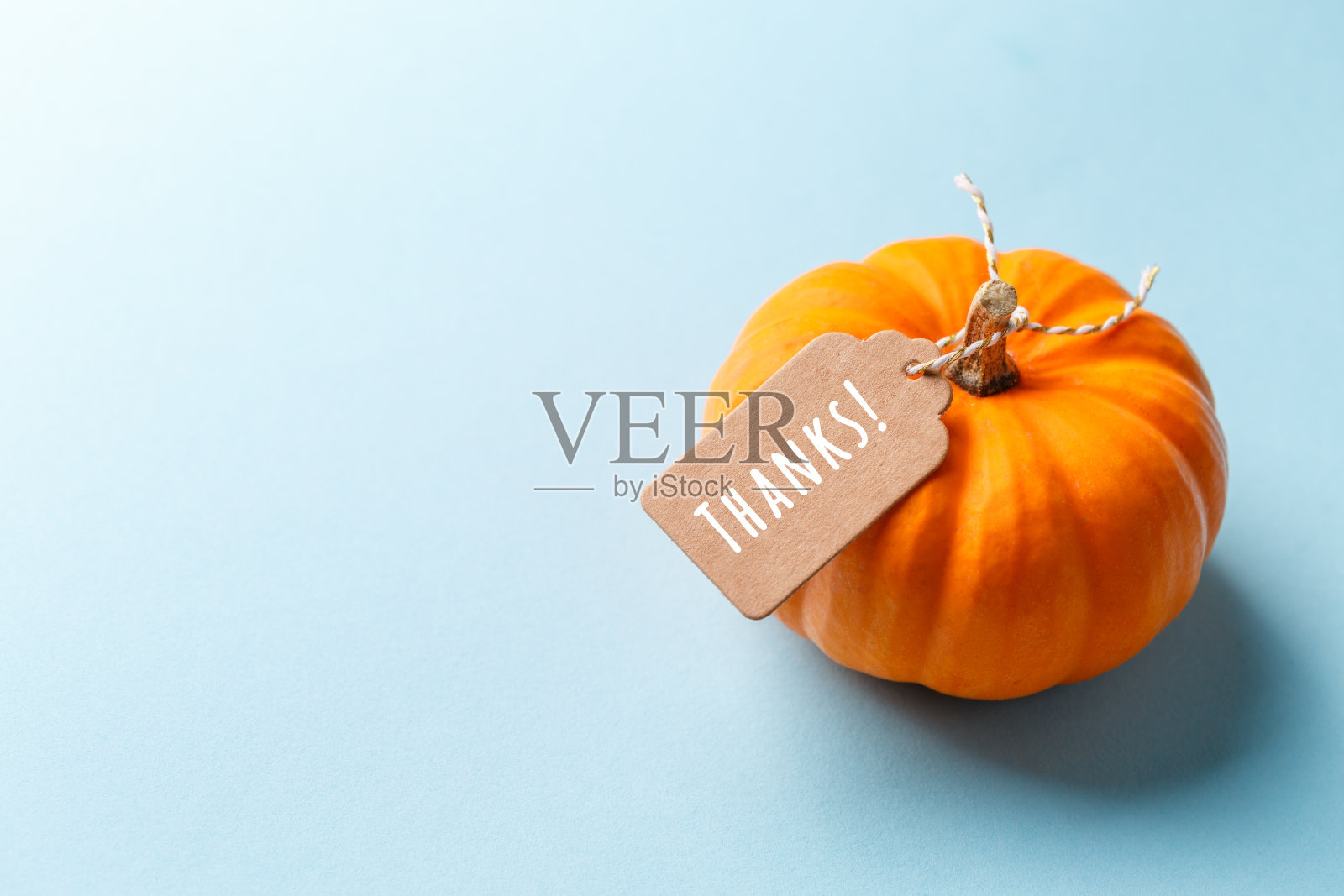 迷你橙色南瓜与纸板标签在蓝色纸的背景。秋天，礼物和感恩节的概念照片摄影图片