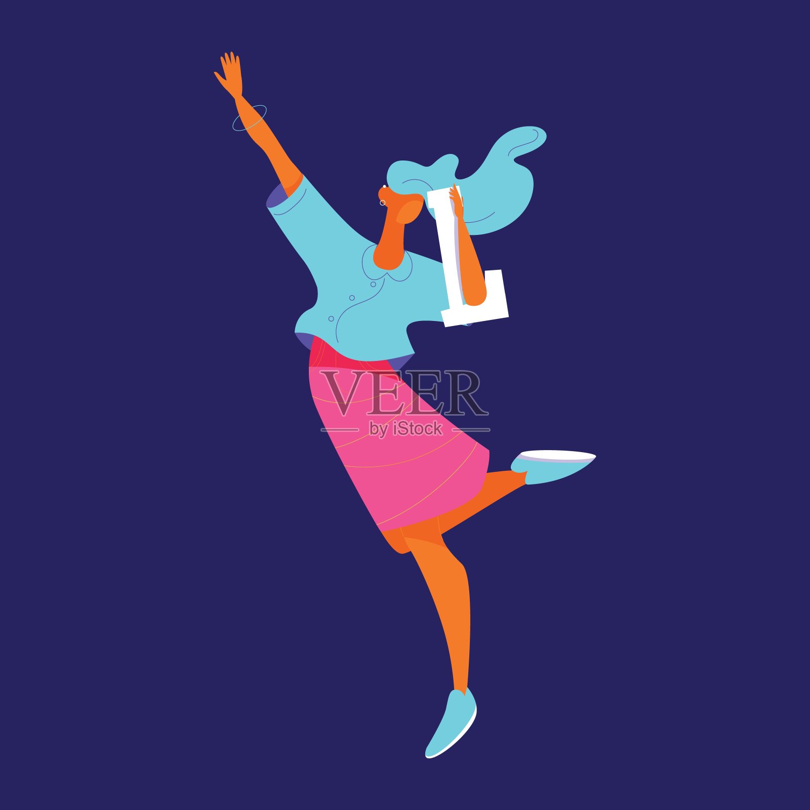 年轻女子用英文大写字母l蹦蹦跳跳。用线条装饰的扁平人物插画图片素材