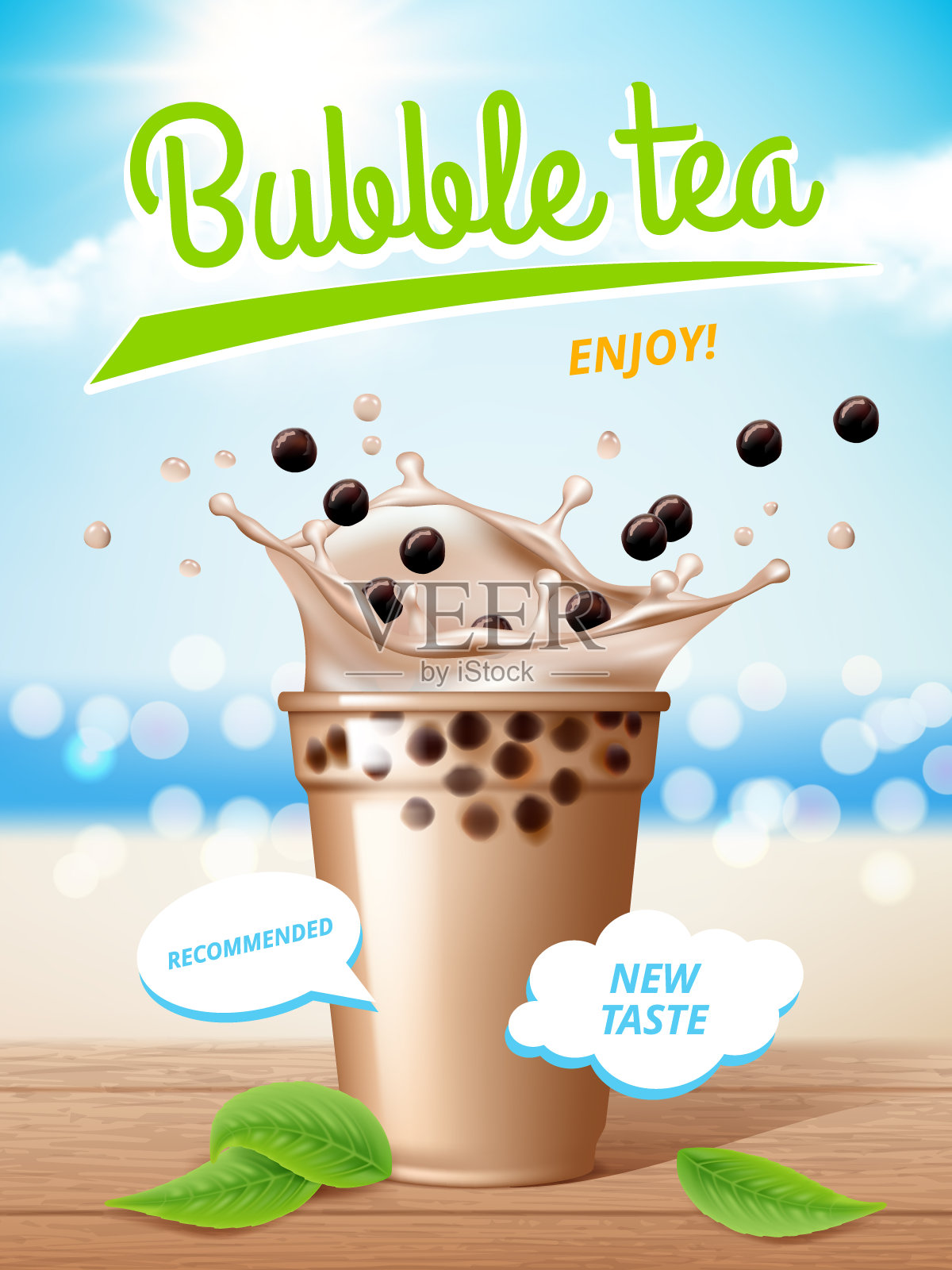 泡沫红茶海报。流动牛奶美味的木薯饮料与喷溅宣传海报向量插画图片素材