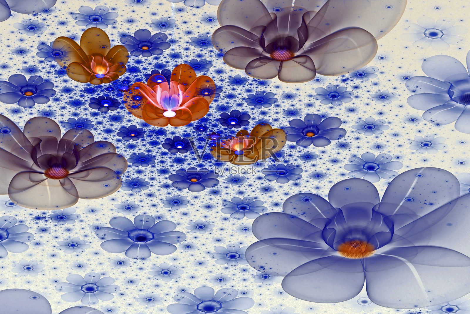 抽象分形三维空间蓝色花朵映衬着美丽的星空。彩色分形图像在一个光的背景插画图片素材