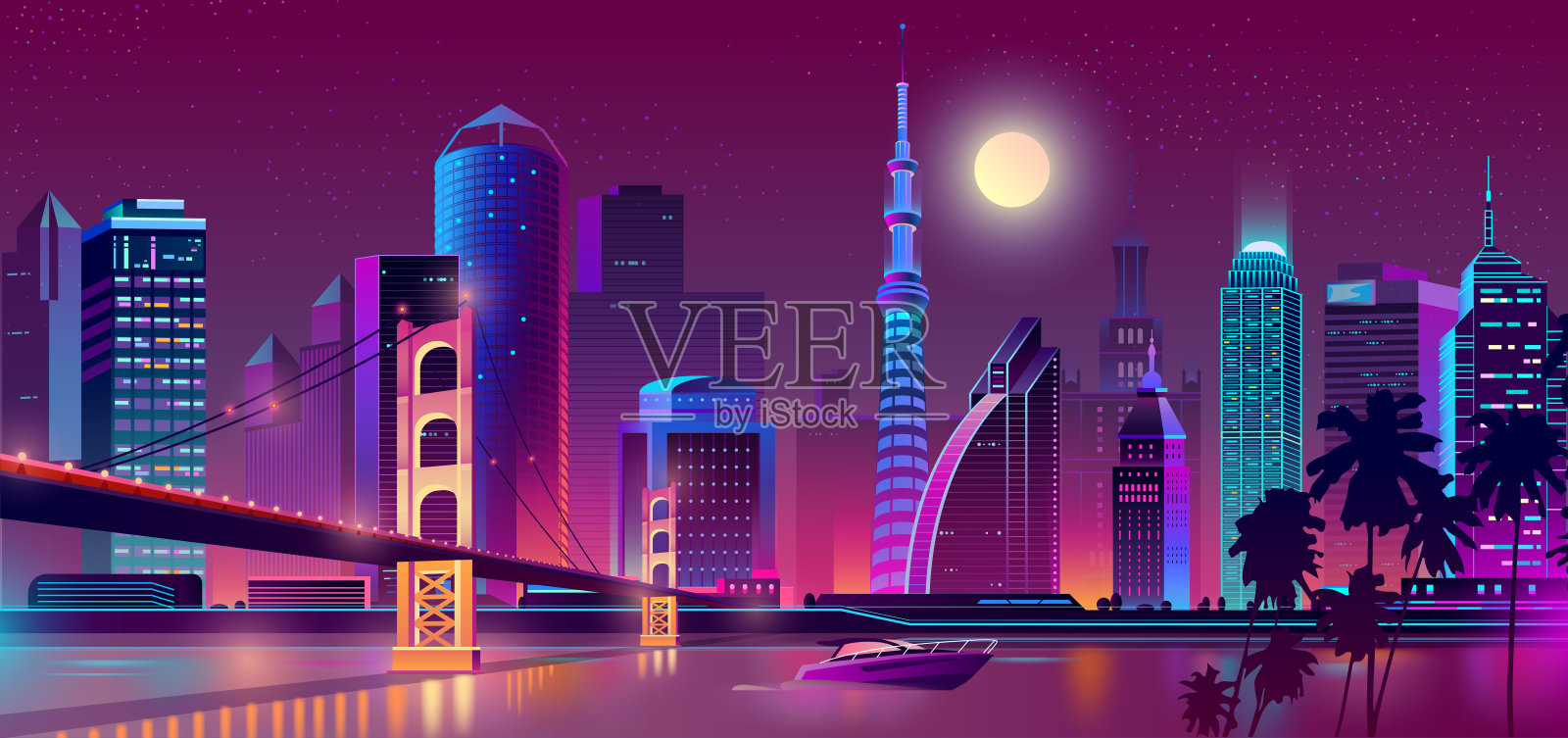 矢量背景与夜间城市霓虹灯插画图片素材