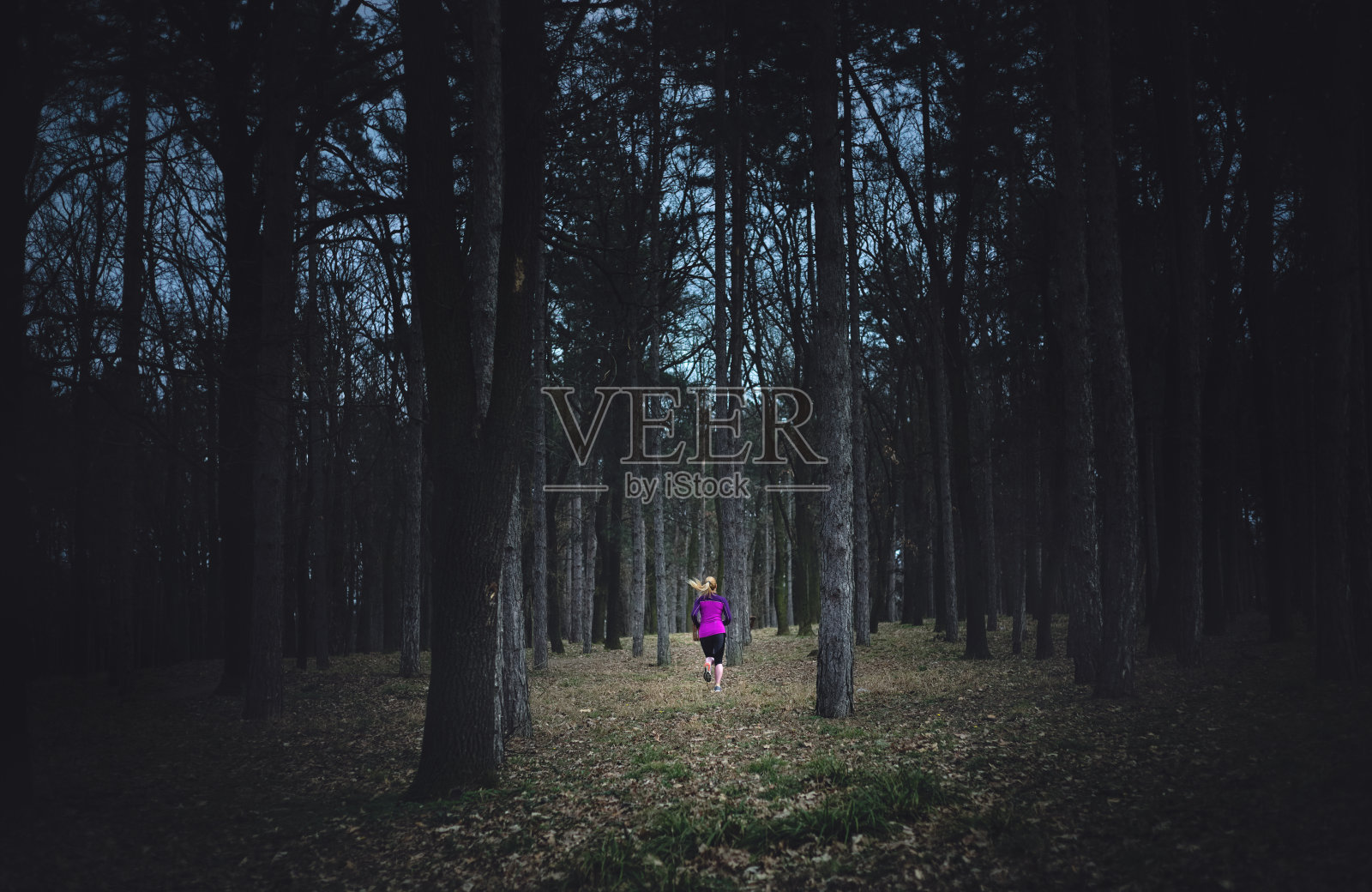 一个女人在树林里跑照片摄影图片