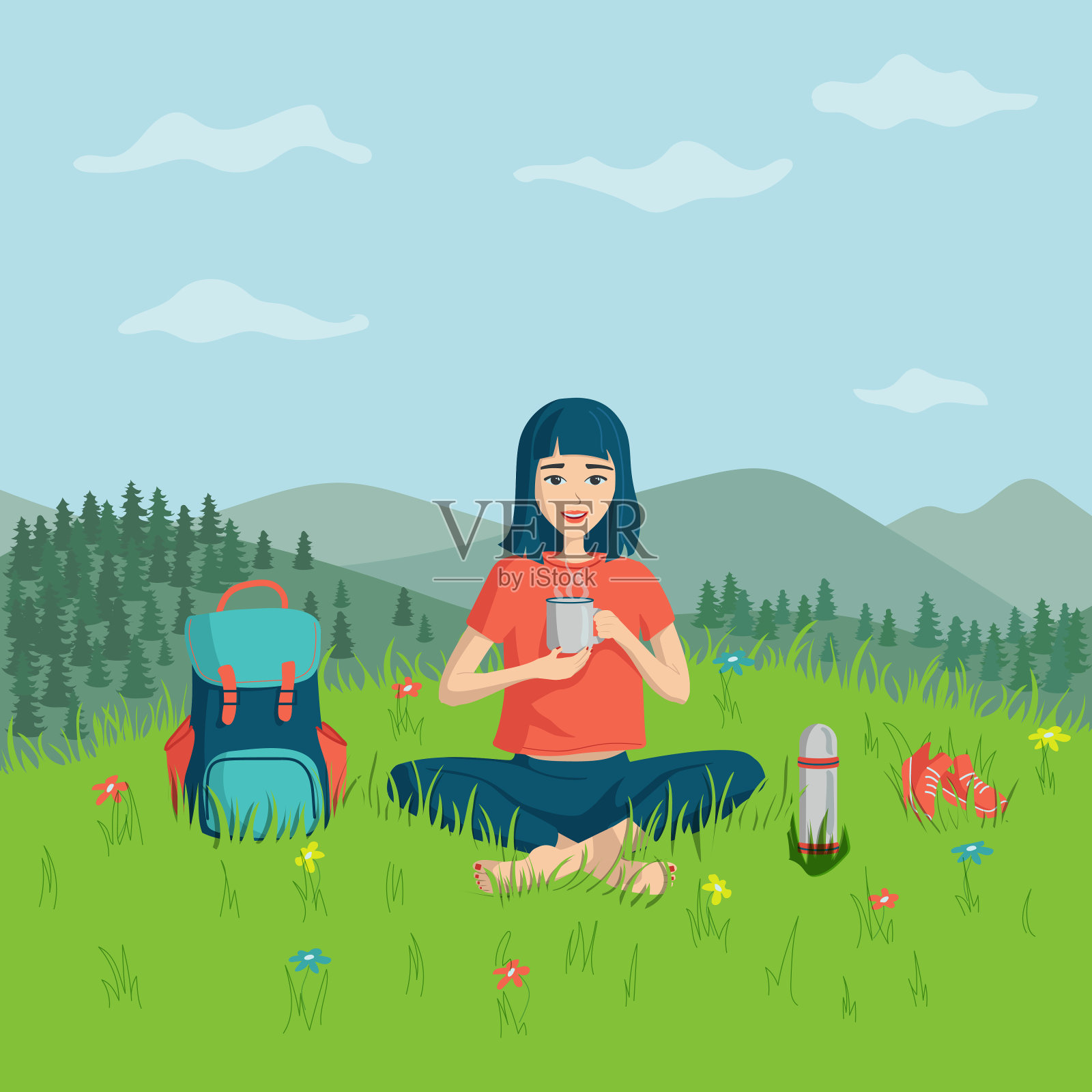 一个快乐的女孩坐在山顶的绿草地上，摆着土耳其式，喝着茶。背景是山峰。插画图片素材