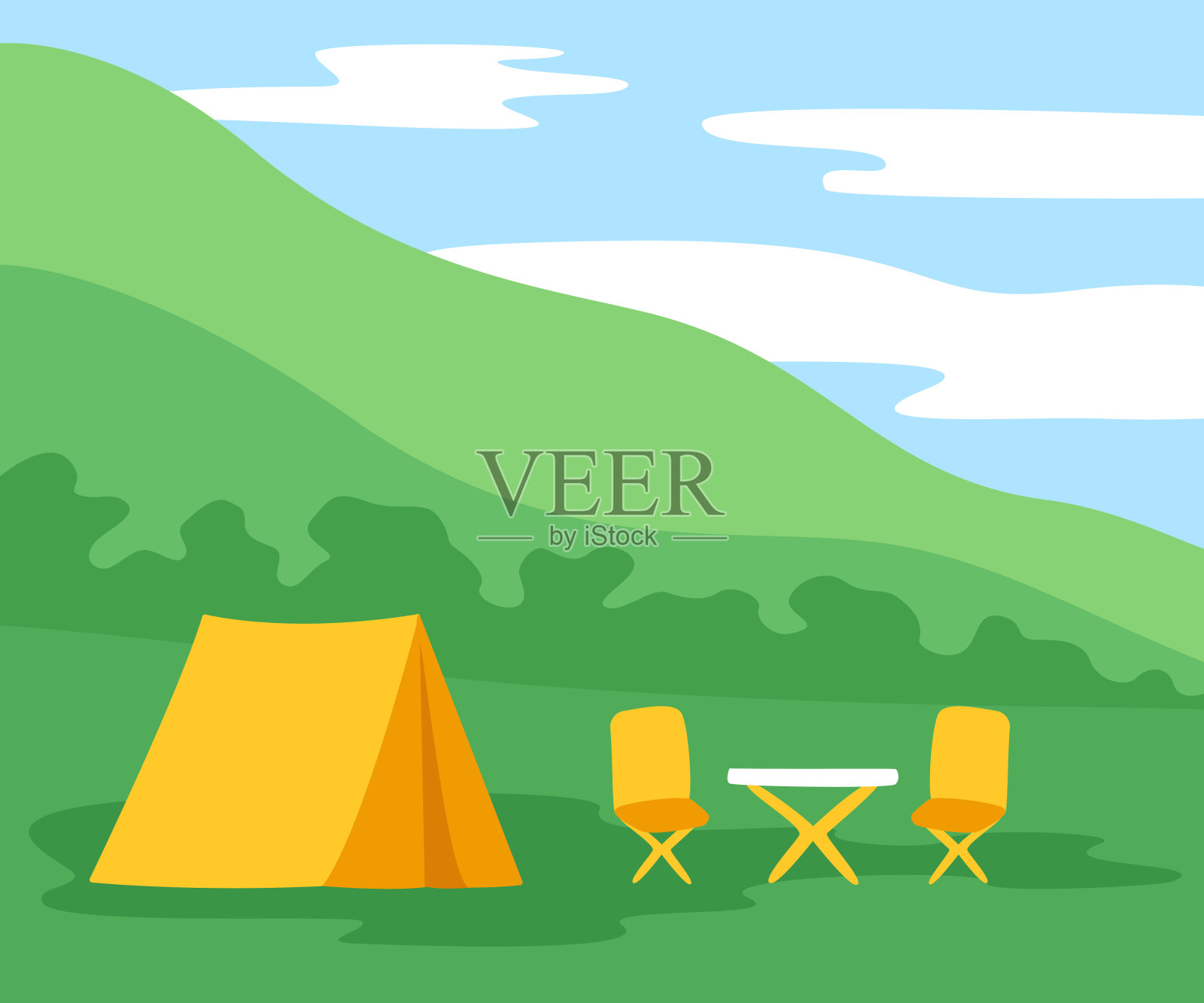 夏日露营，带帐篷旅行。野外野餐，徒步旅行，旅游。矢量图插画图片素材