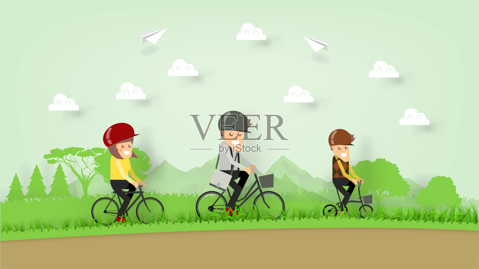 插图矢量纸工艺设计幸福家庭在山上骑自行车，家庭在山上骑自行车，家庭户外活动的概念插画图片素材