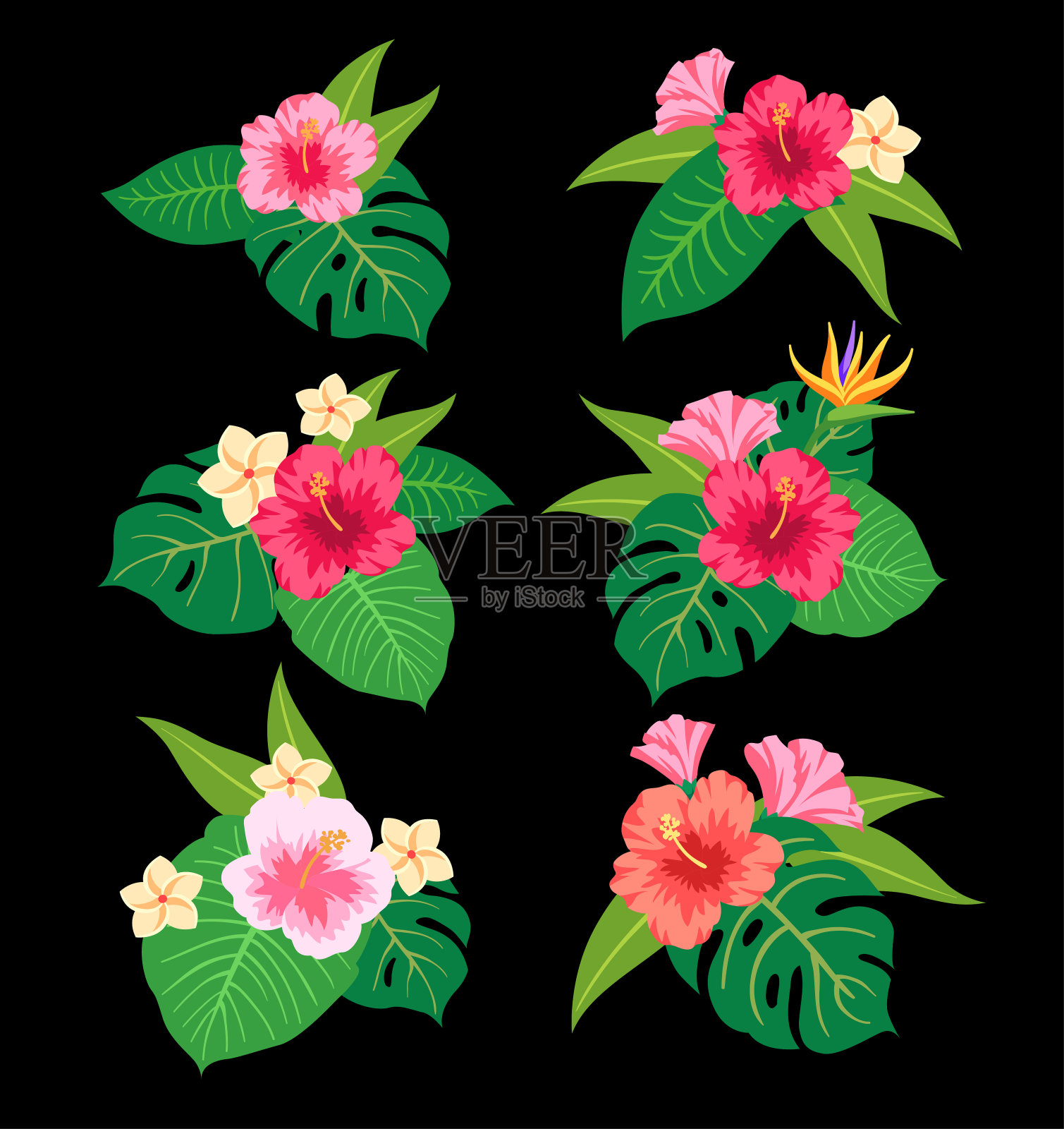 夏季热带叶向量设计。矢量插图与花和叶子。一套彩色的热带花束。插画图片素材