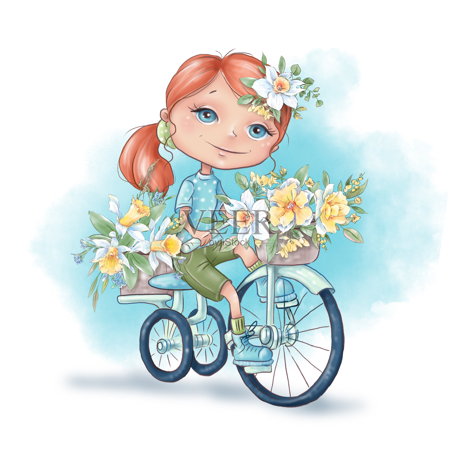 可爱的卡通女孩与春天的花朵插画图片素材