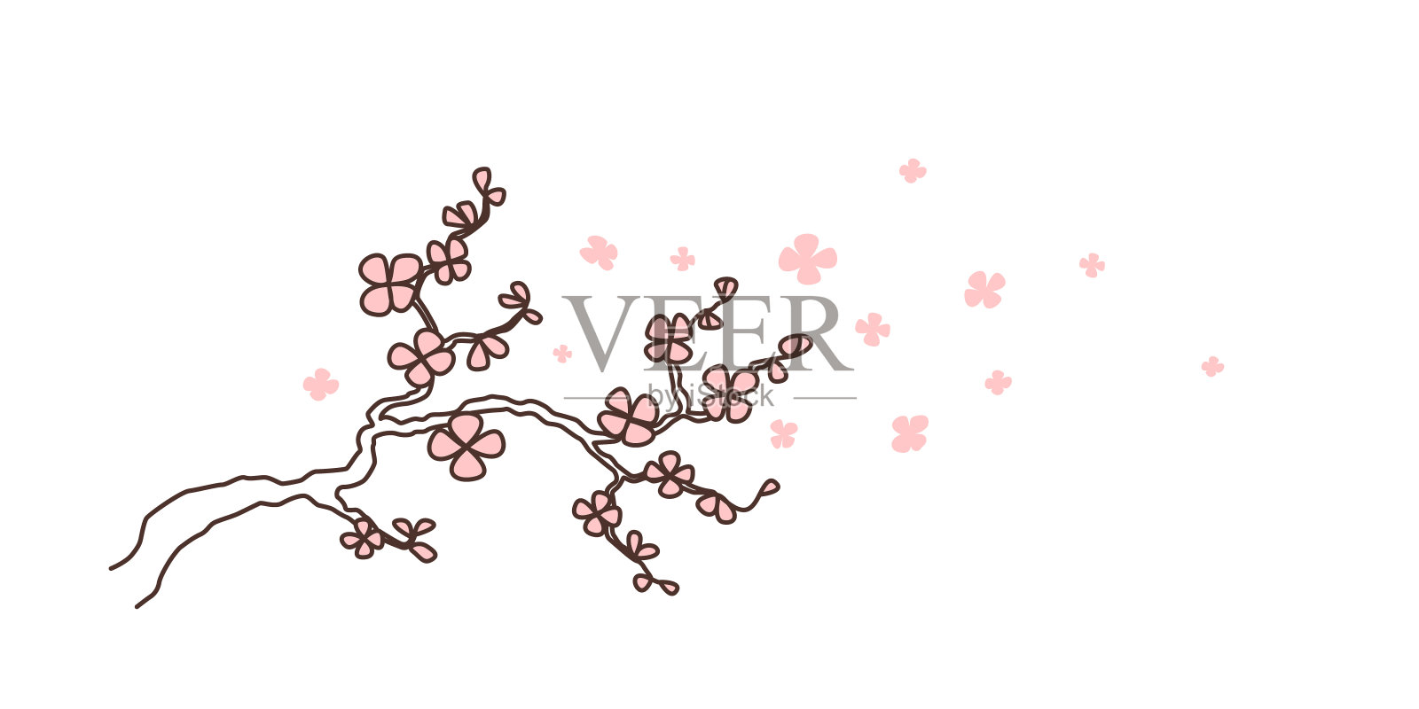 向量手绘插图盛开的樱花枝与飞行的粉红色花瓣。春天的象征插画图片素材