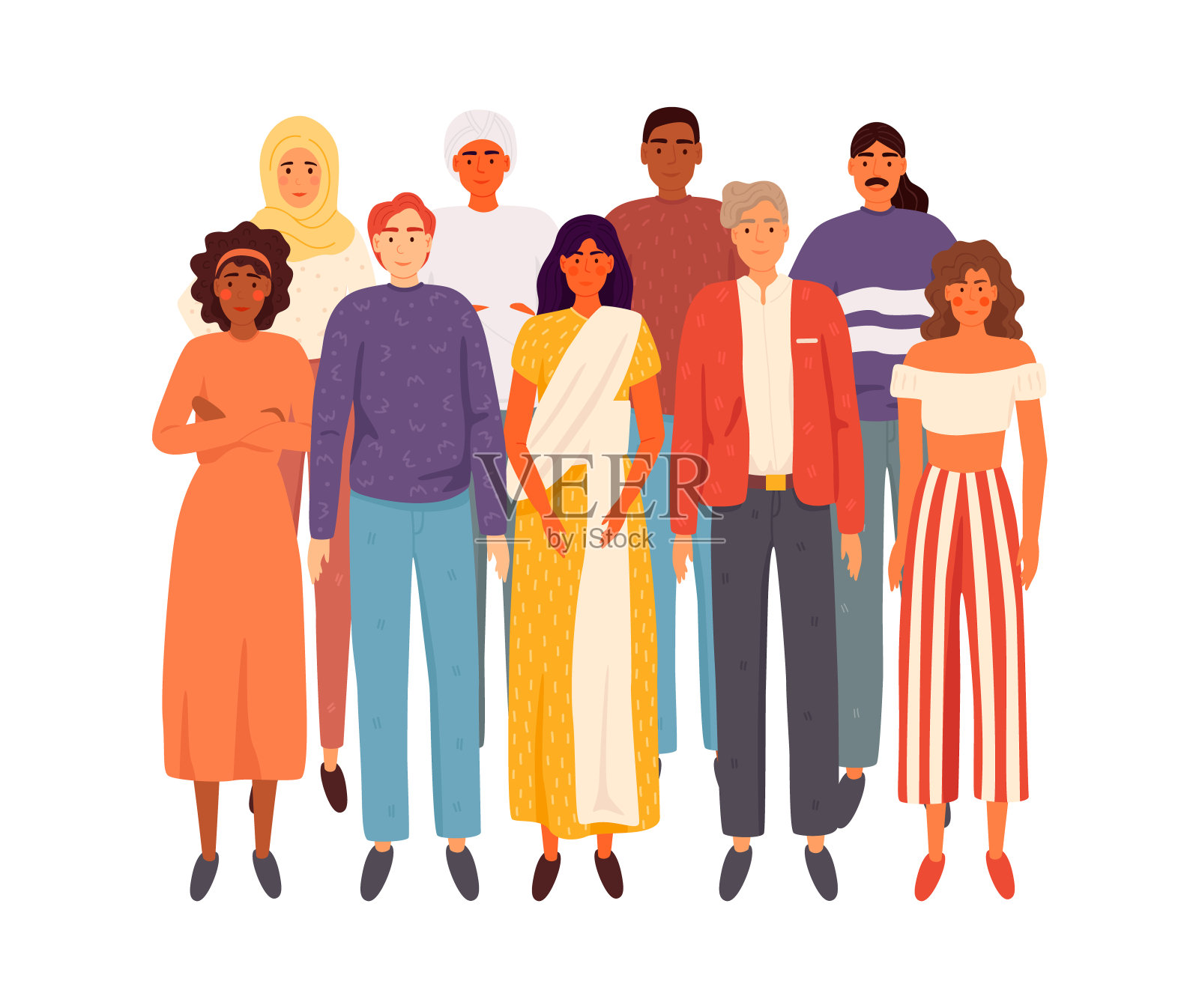 多民族的人站在一起，以白人为背景，多元化和多元文化的观念。平面卡通矢量插图EPS 10。插画图片素材