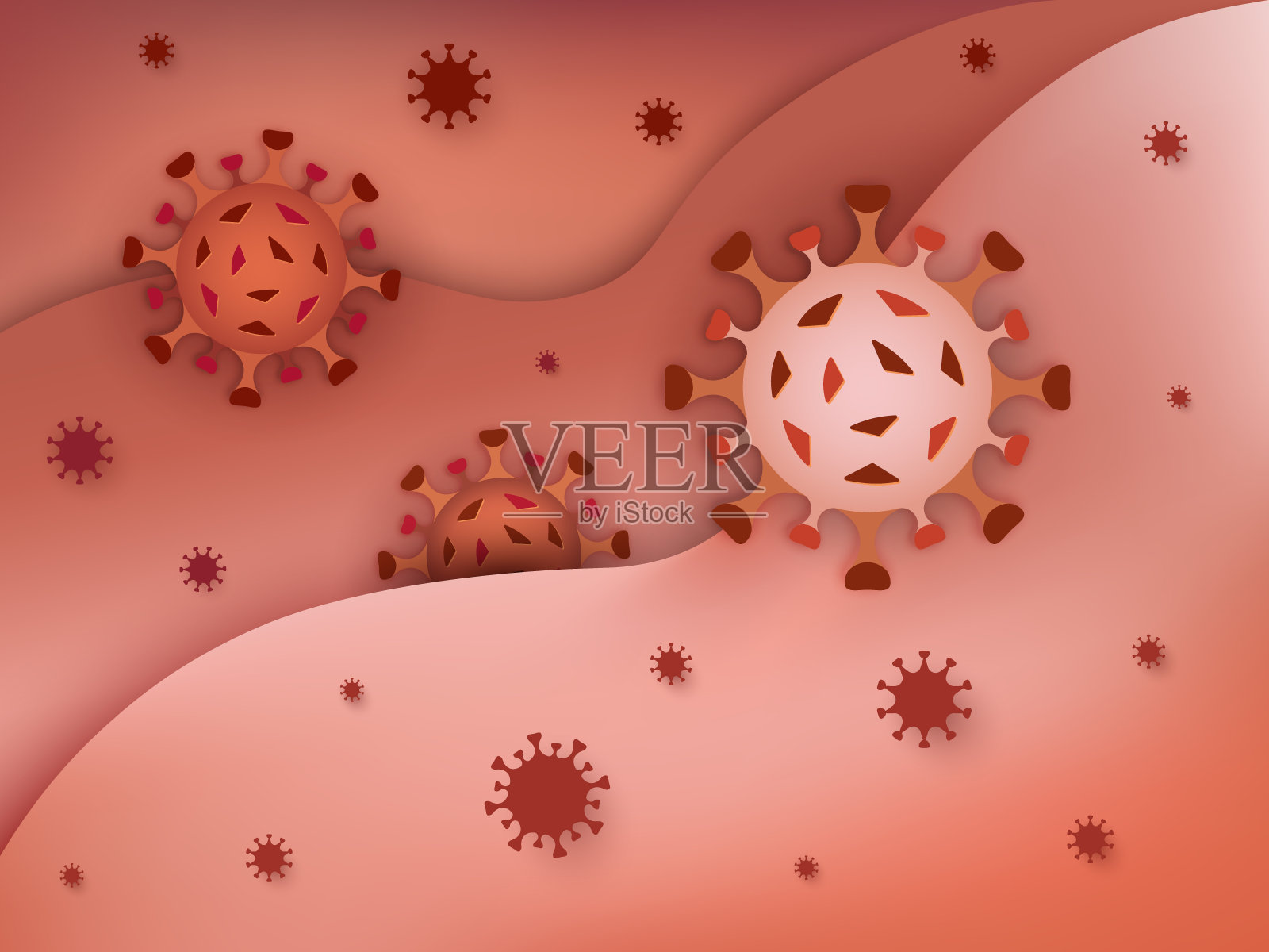 红色背景，周围漂浮着冠状病毒颗粒。2019-新型冠状病毒感染。矢量插图在卡通纸艺术风格。插画图片素材