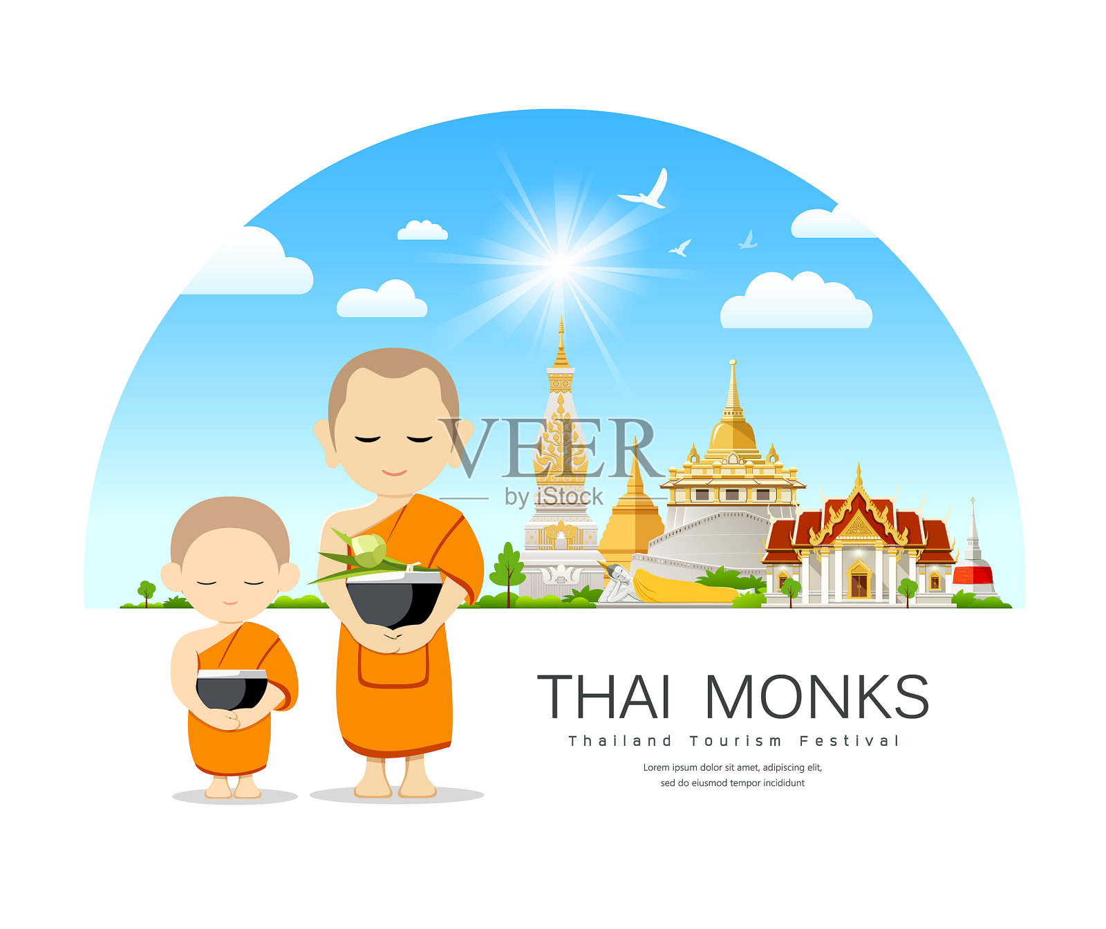 泰国和尚碗和泰国新手，佛教泰国寺庙宝塔和蓝色背景设计元素图片