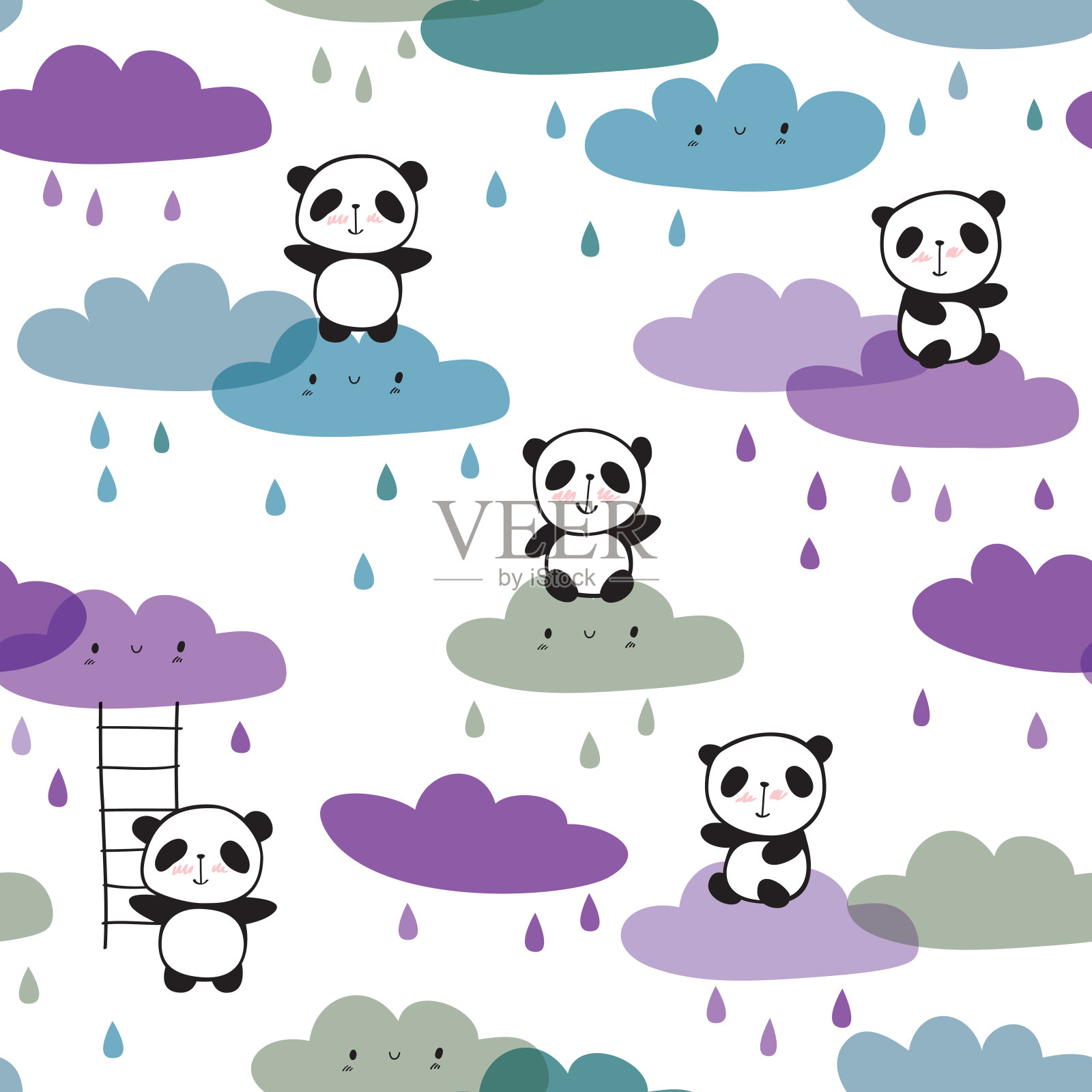 酷无缝图案手绘可爱的熊猫和有趣的云彩。插画图片素材