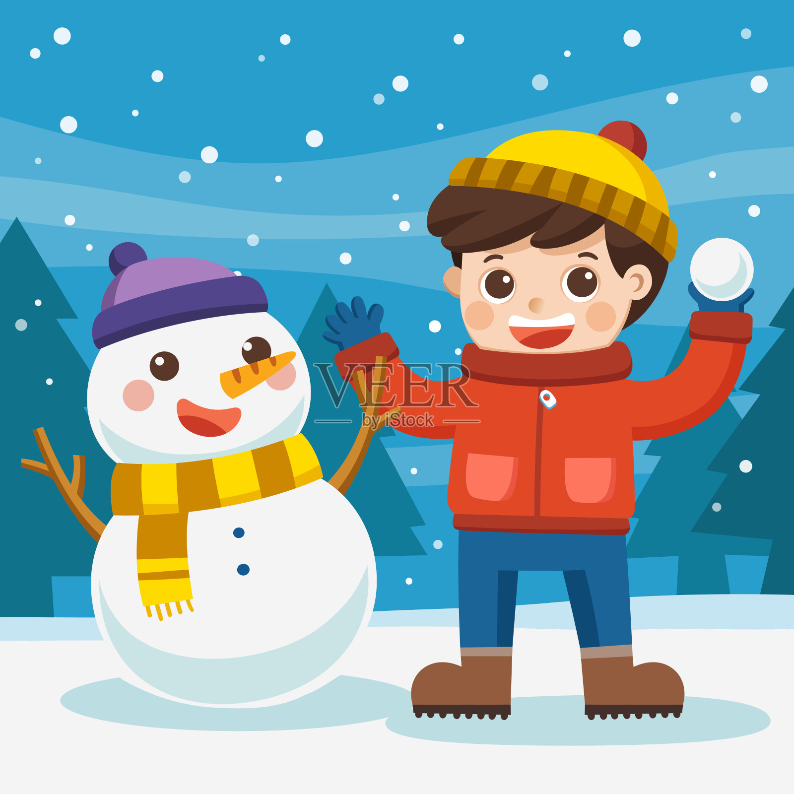 快乐的男孩在户外玩雪。一个男孩在雪地里玩雪人。设计元素图片