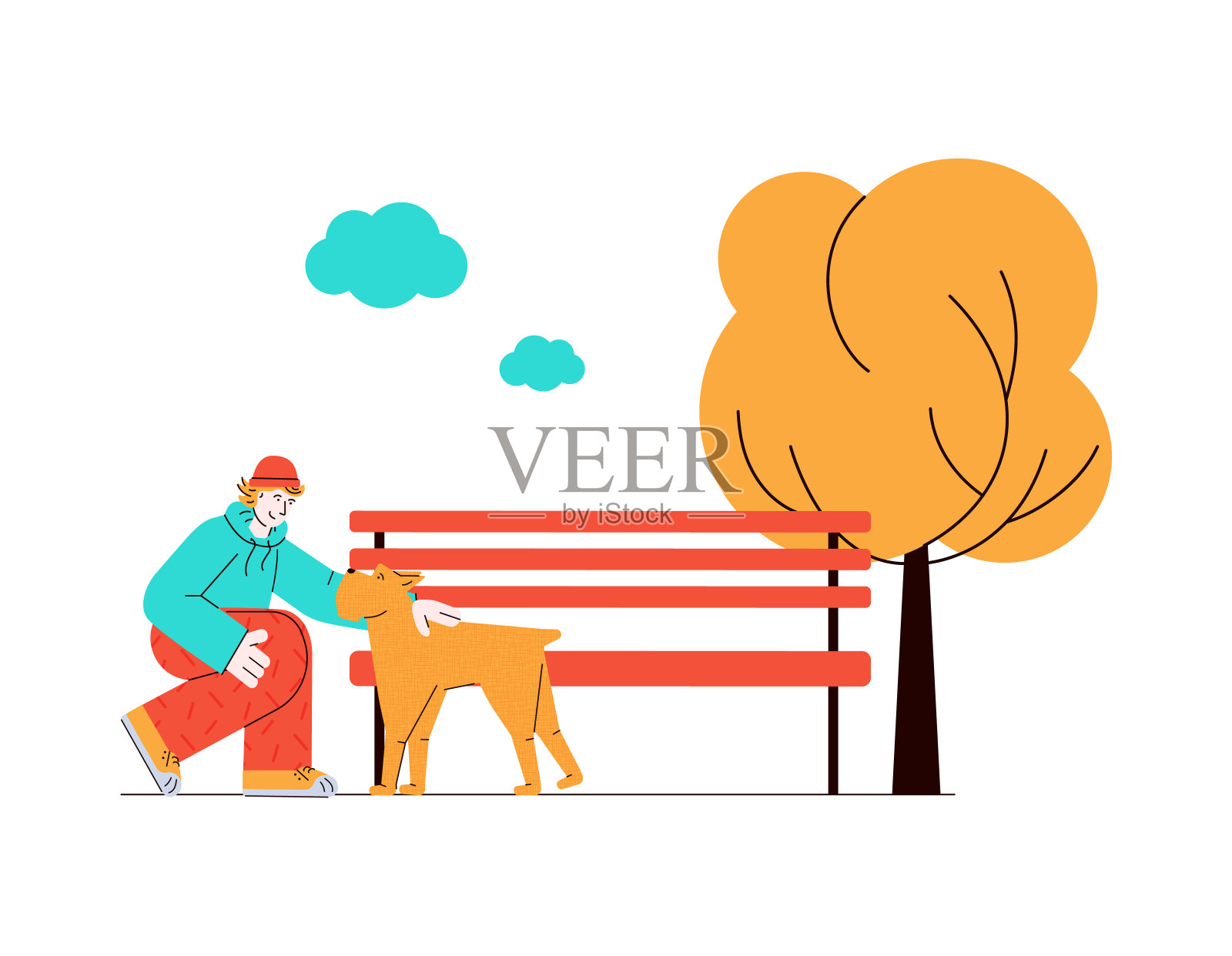 人类和狗在一起的自然-卡通宠物主人抚摸他的动物设计元素图片