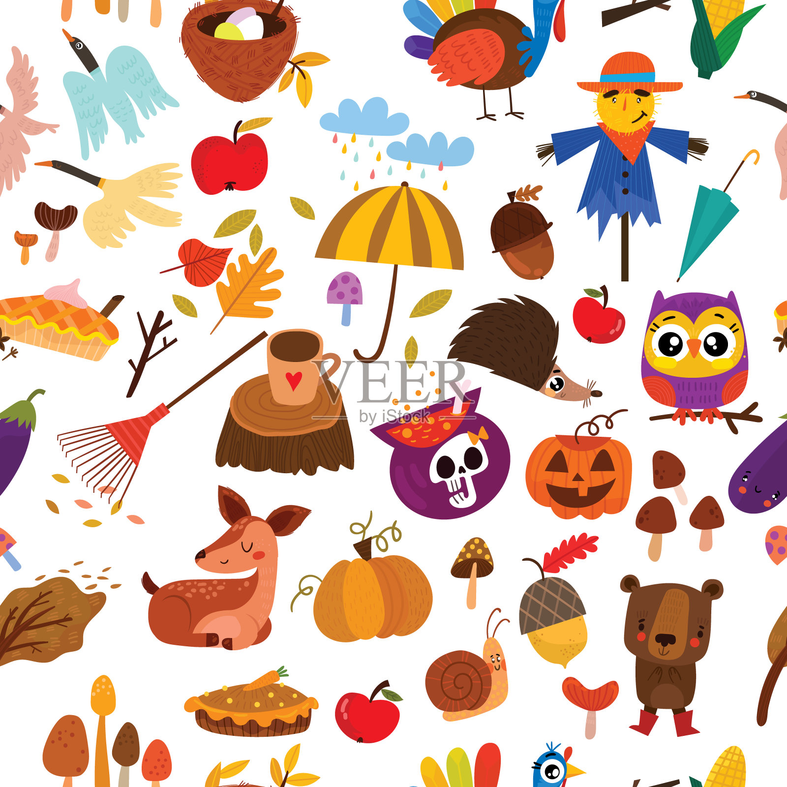 秋季无缝图案与可爱的动物和秋季元素。彩色图案的旗帜，礼品包装纸，t恤，贺卡插画图片素材