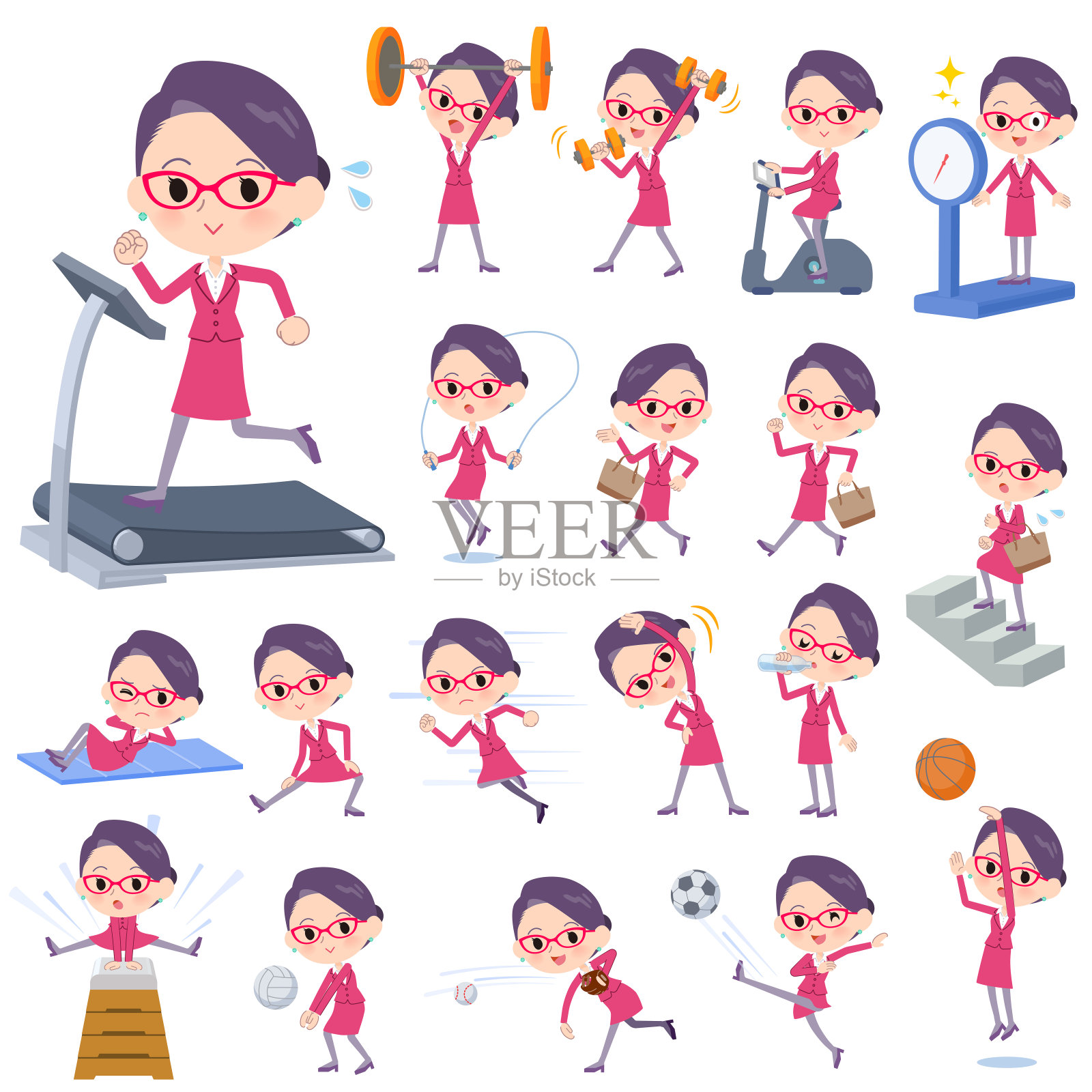 红色眼镜的办公室女性锻炼插画图片素材