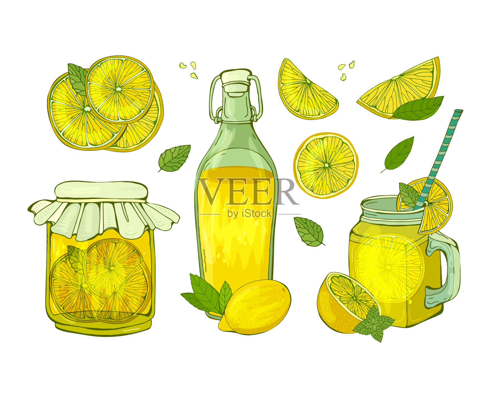 夏天的水果饮料。柠檬水倒在不同的盘子里。柠檬切成不同的薄片。手绘插图。插画图片素材