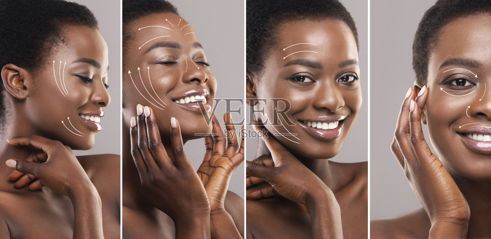 美丽的概念。年轻的非洲裔美国妇女与美丽的皮肤后，面部提拉或整形手术，拼贴照片摄影图片