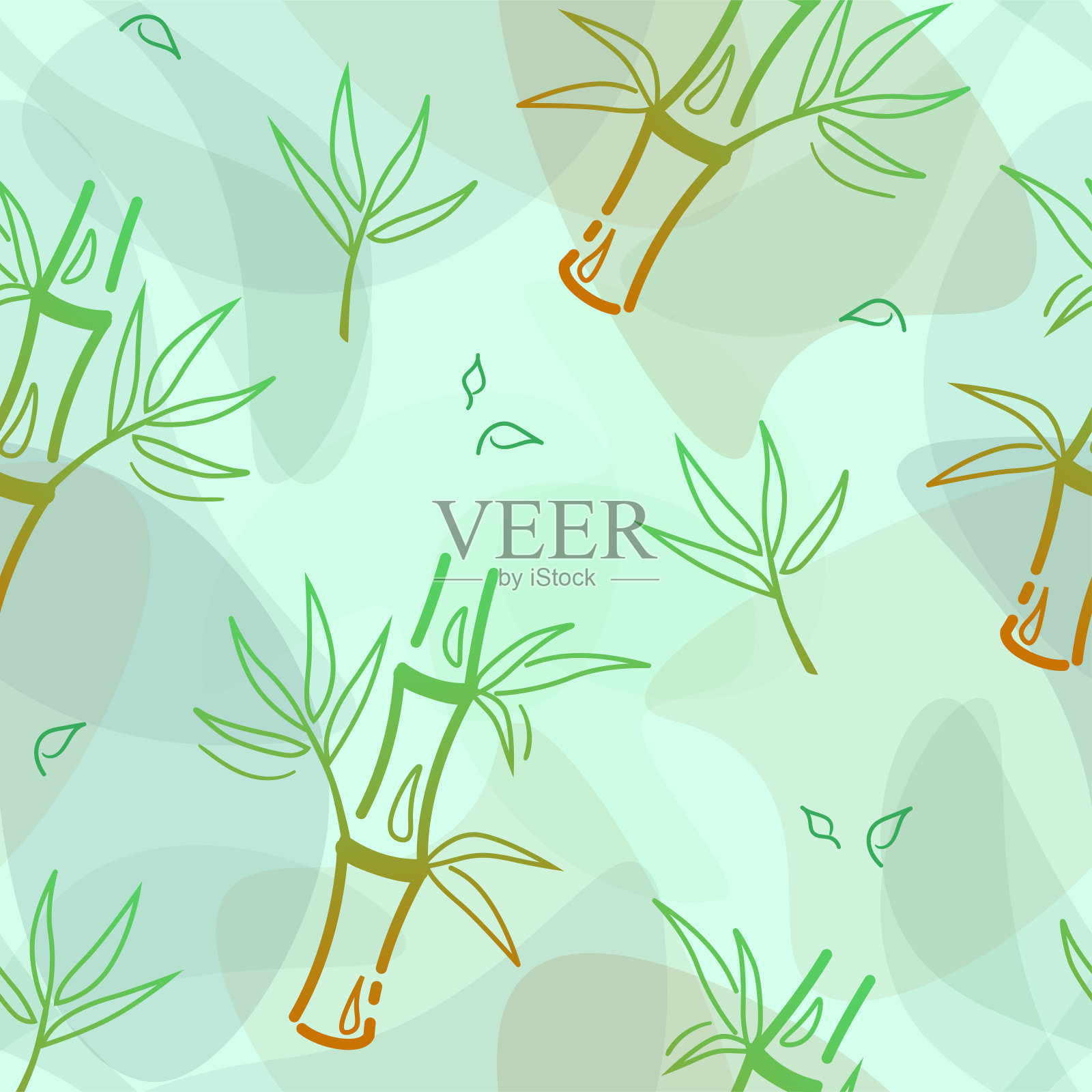 绿竹无缝图案在卡其风格的颜色背景。亚洲装饰矢量背景。植物瓷砖。自然纺织设计。壁纸的奇异叶子纹理。中国印刷插画图片素材