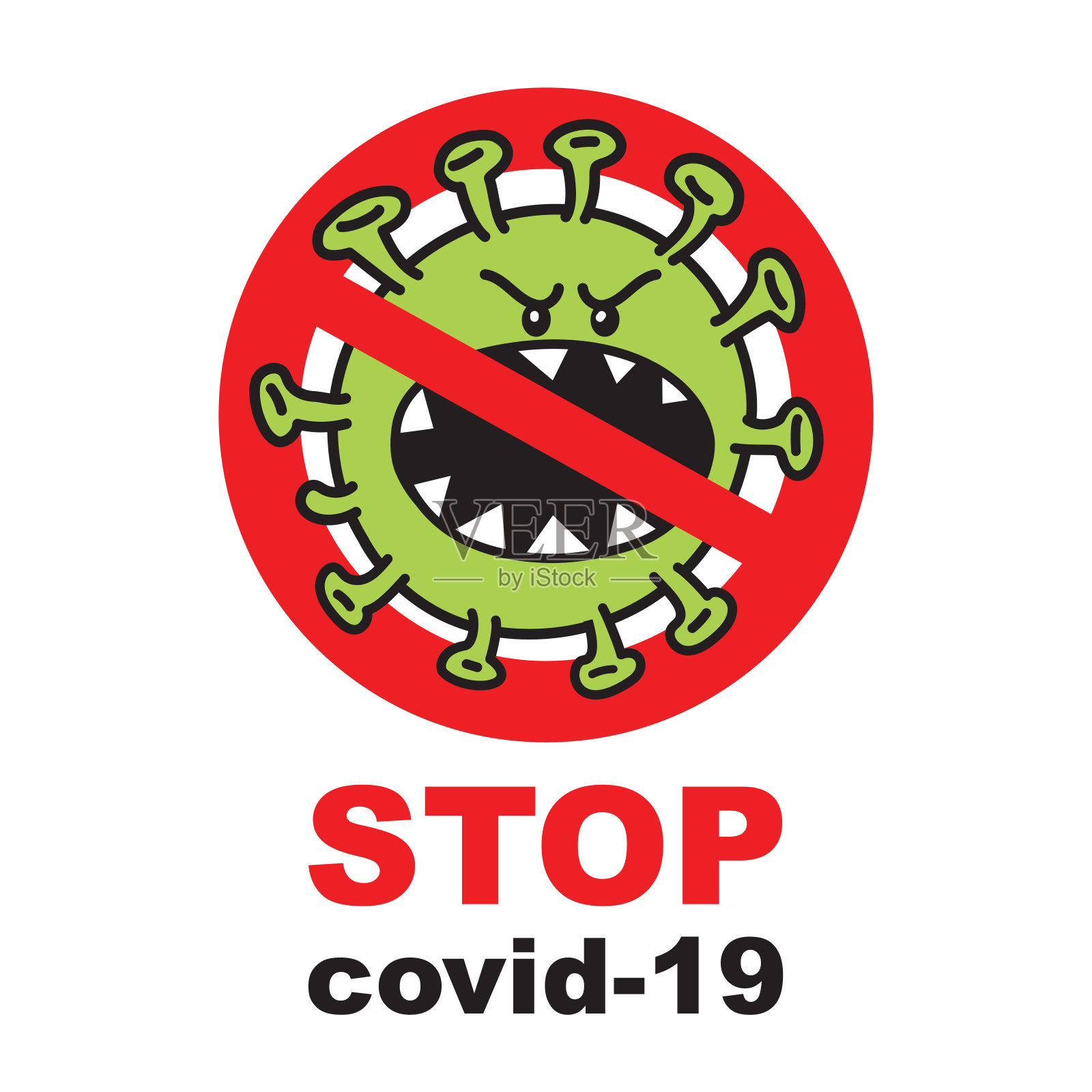 停止冠状病毒标志，图标概念。Covid-19卡通人物。插画图片素材