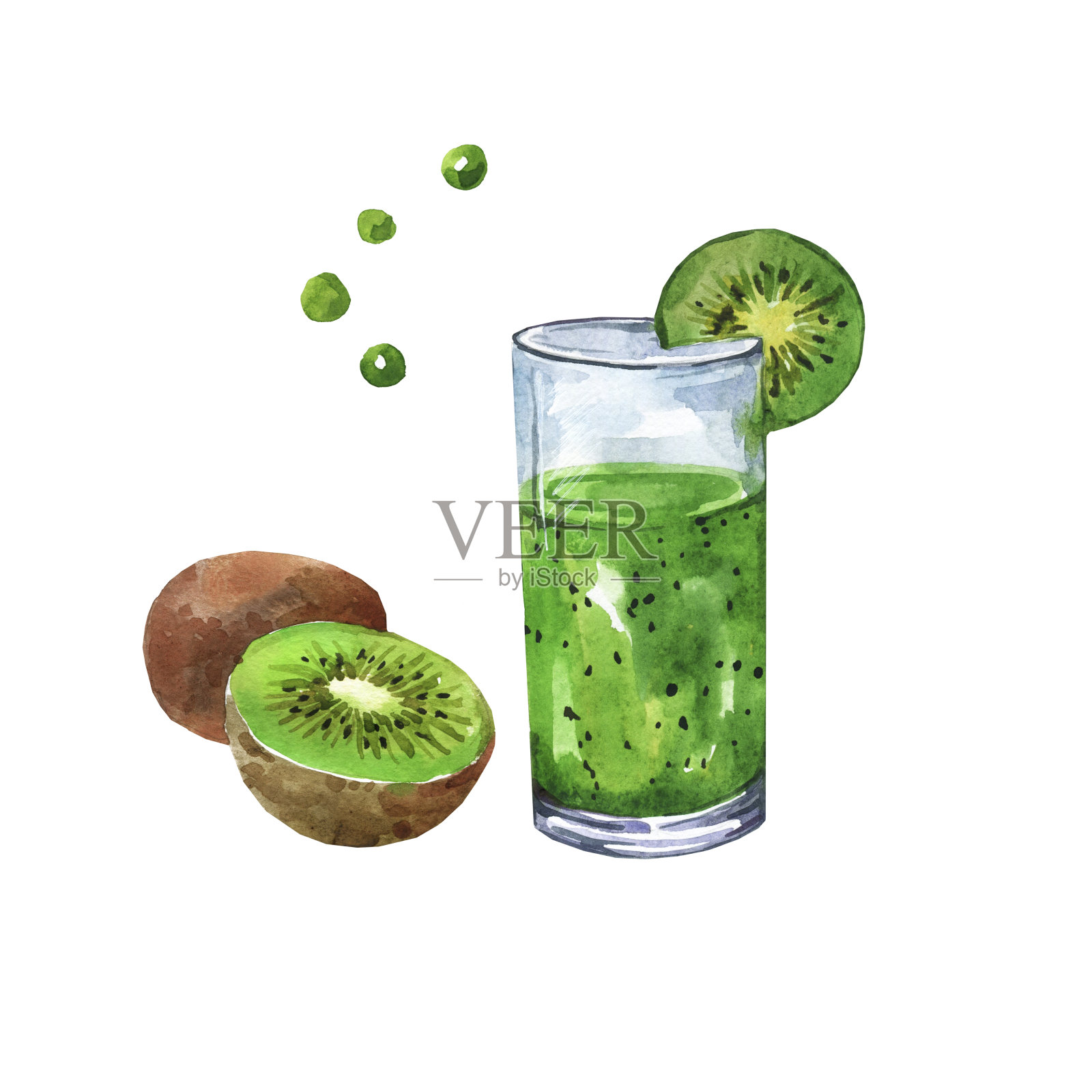 水彩插图一杯绿色猕猴桃冰沙。孤立在白色背景上。健康食品，有机食品，柑橘奶昔。水果冰沙。插画图片素材