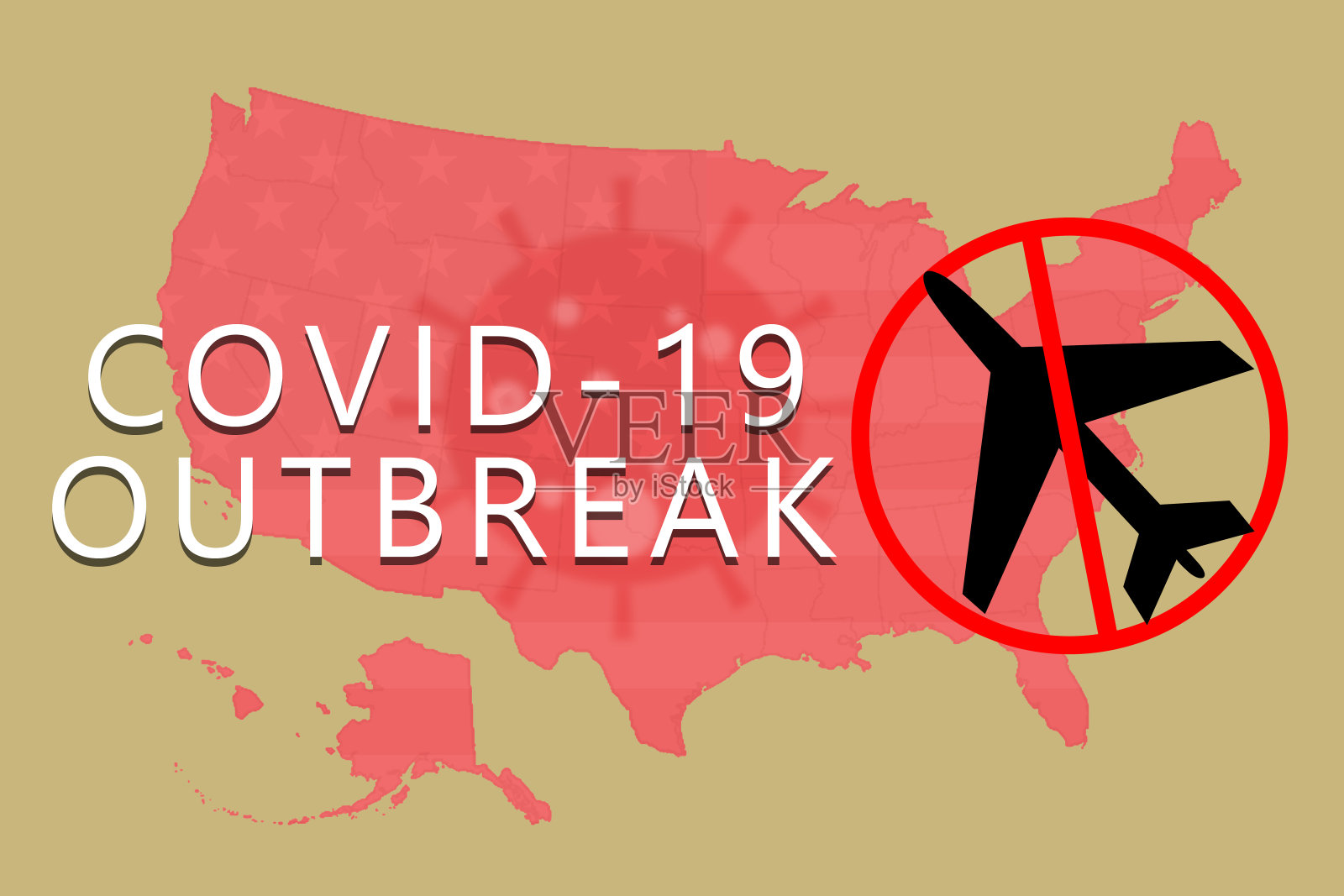 说明美国因covid - 19或冠状病毒爆发或大流行而禁止旅行的概念插画图片素材