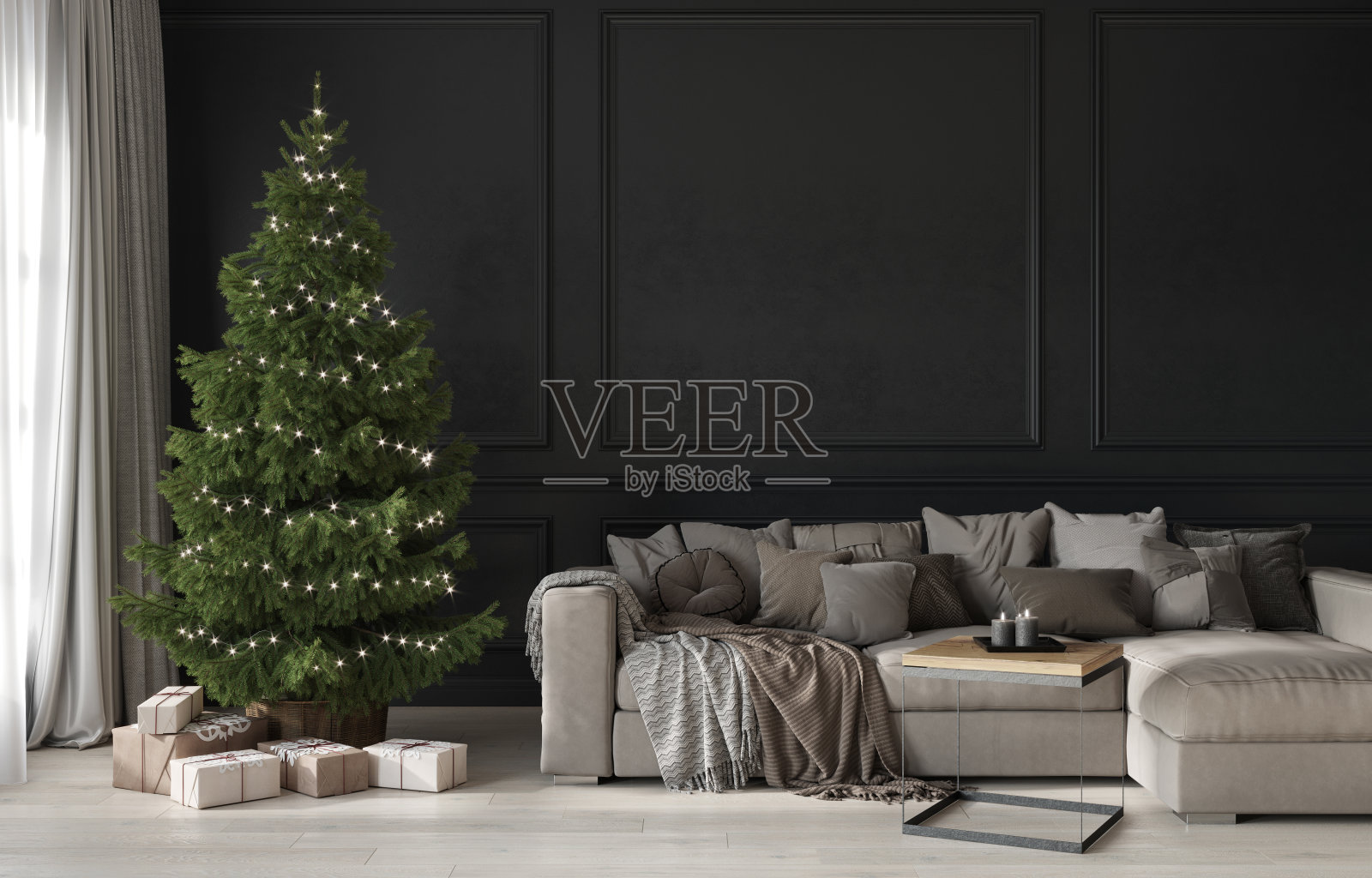 一个米色舒适的沙发和圣诞树上的礼物节日客厅照片摄影图片