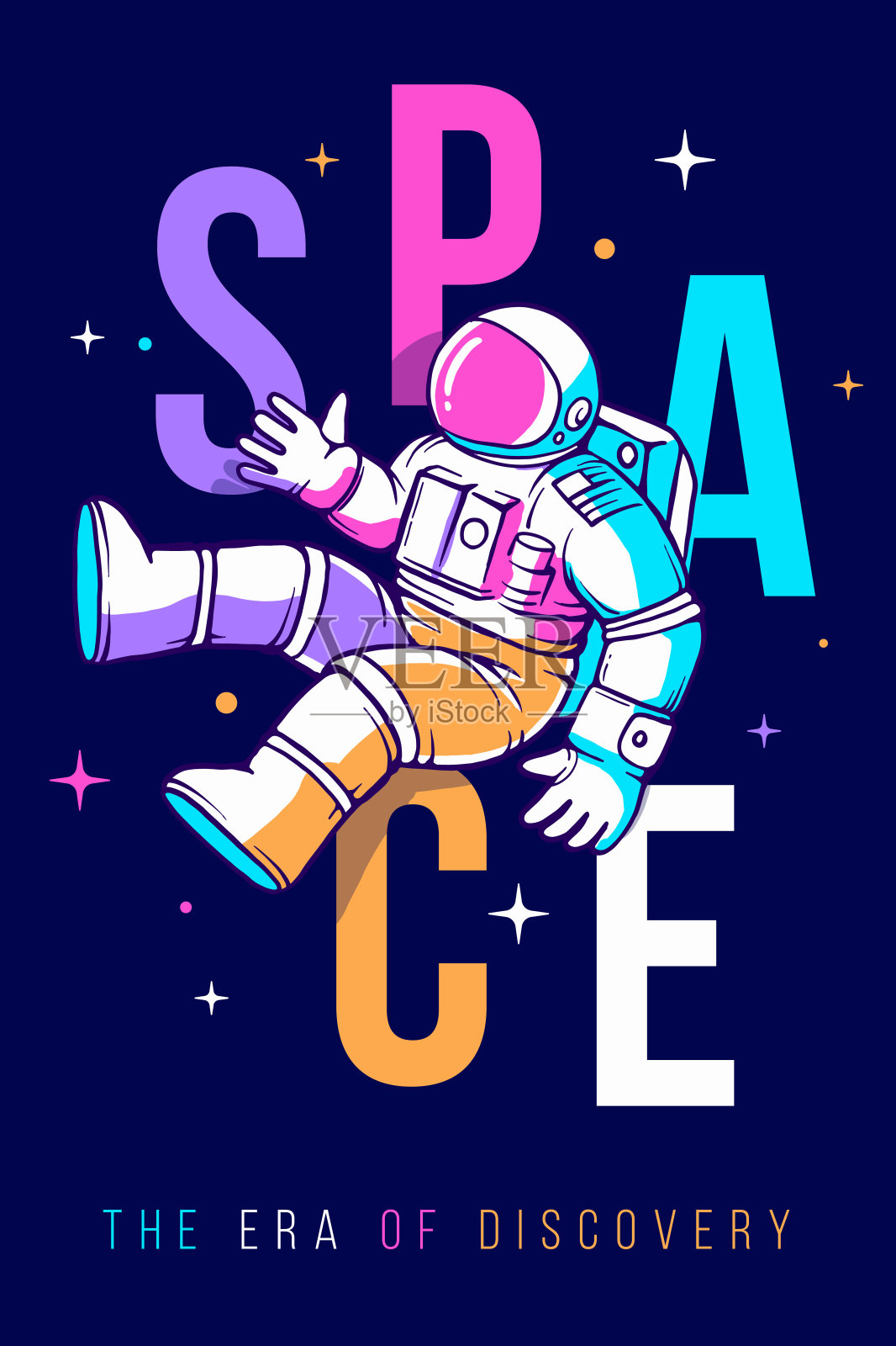 向量时尚插图的颜色字空间和宇航员在宇航服探索外太空。宇航员在黑暗的星空背景下进行太空行走。插画图片素材