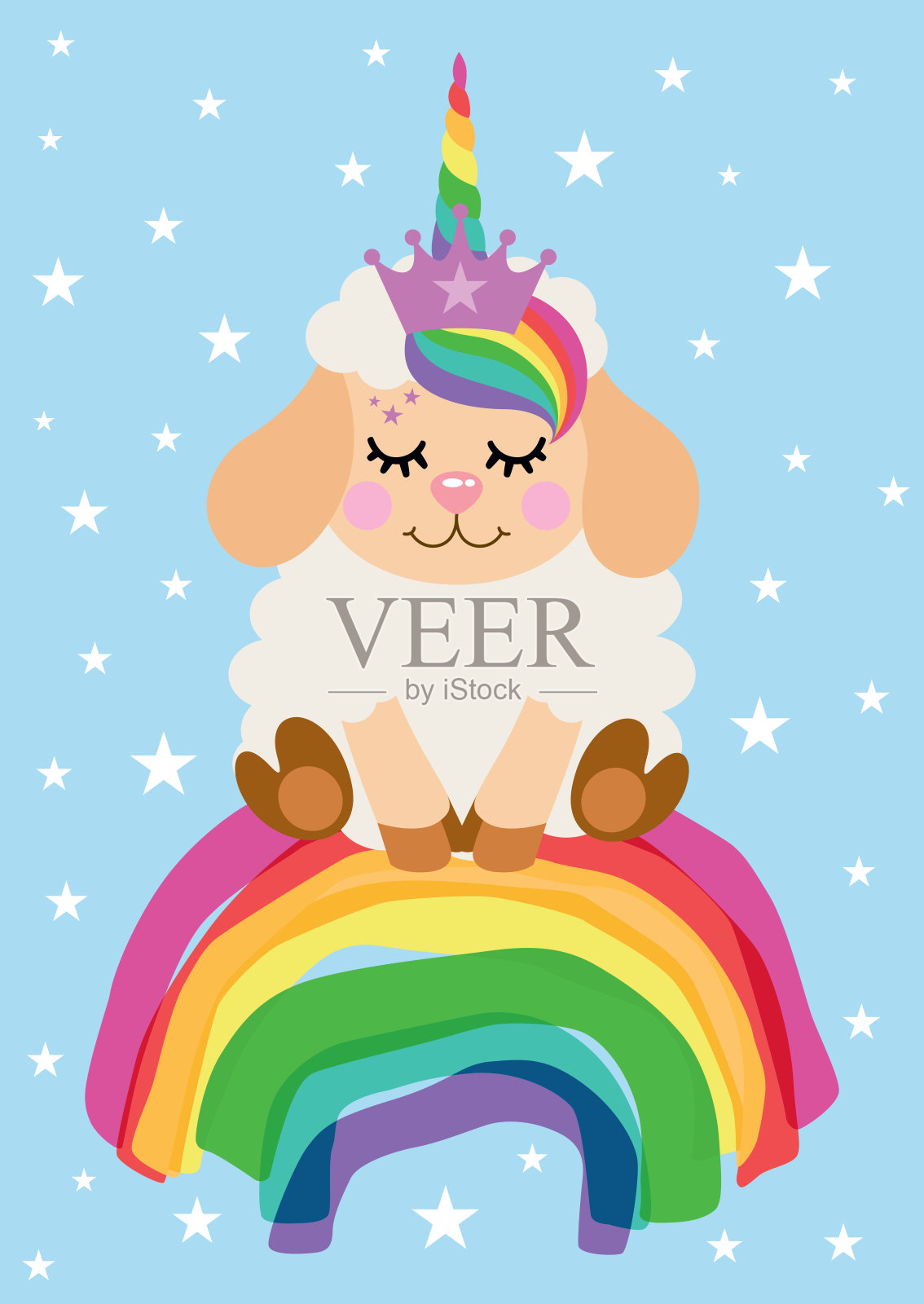 可爱的独角兽羊坐在彩虹上的贺卡插画图片素材