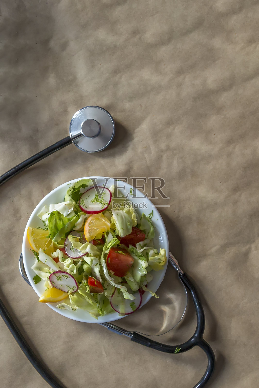 健康食品和听诊器照片摄影图片