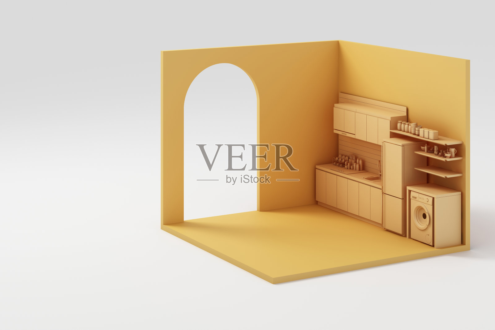 一套黄色家具模拟和等距墙3d渲染插画图片素材