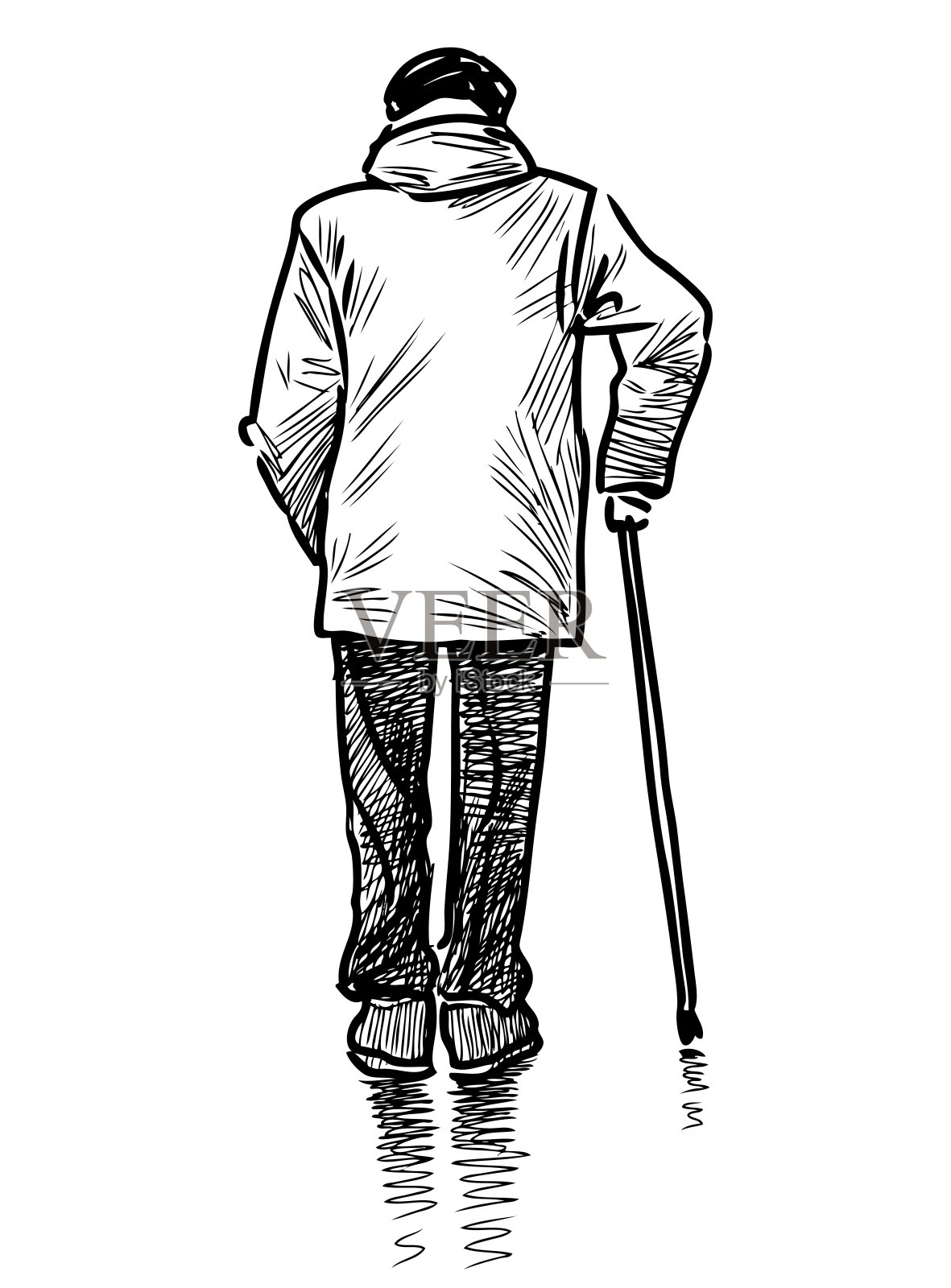 一个老人拄着拐杖走在街上的素描设计元素图片