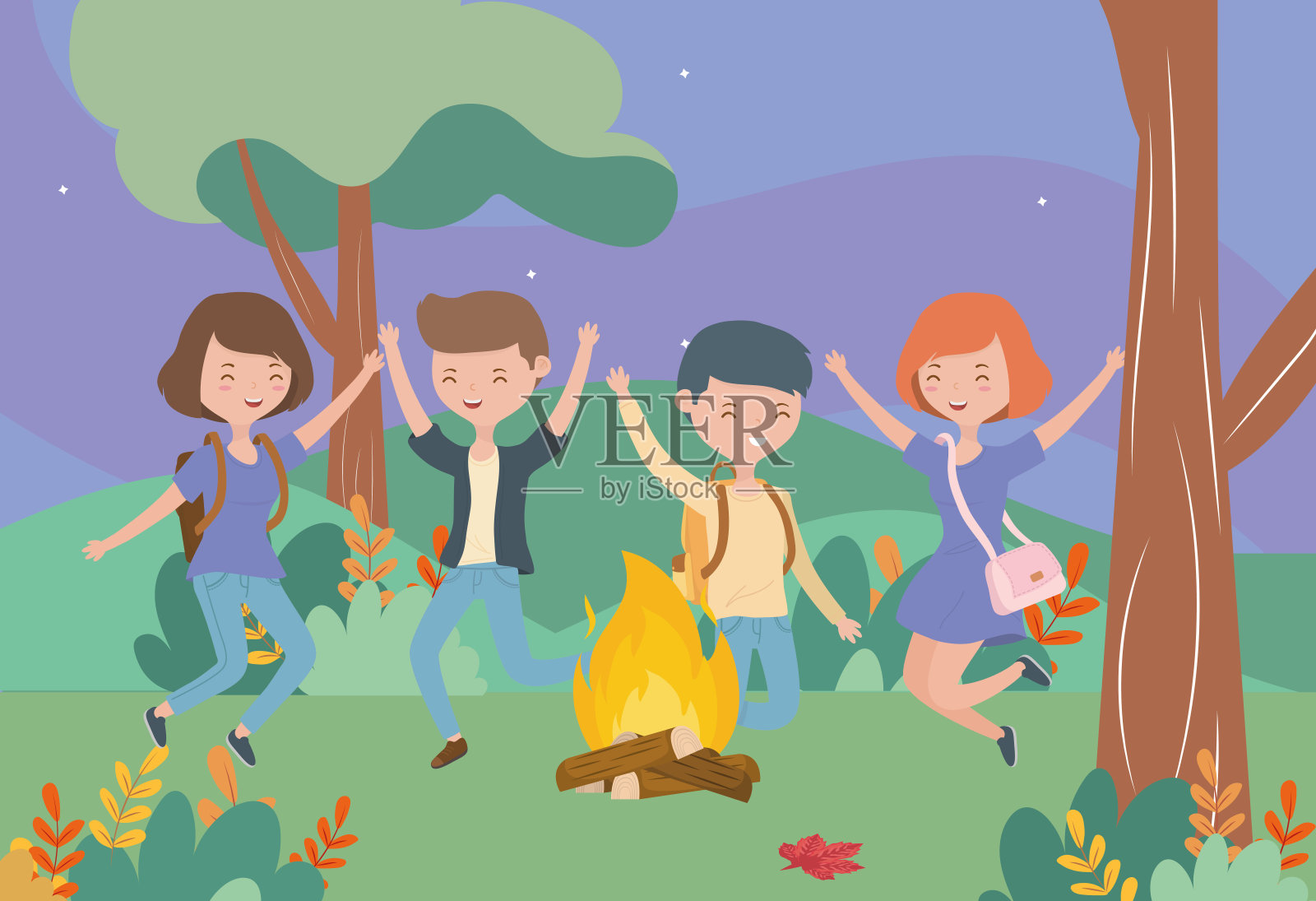 年轻人欢乐的篝火自然景观插画图片素材