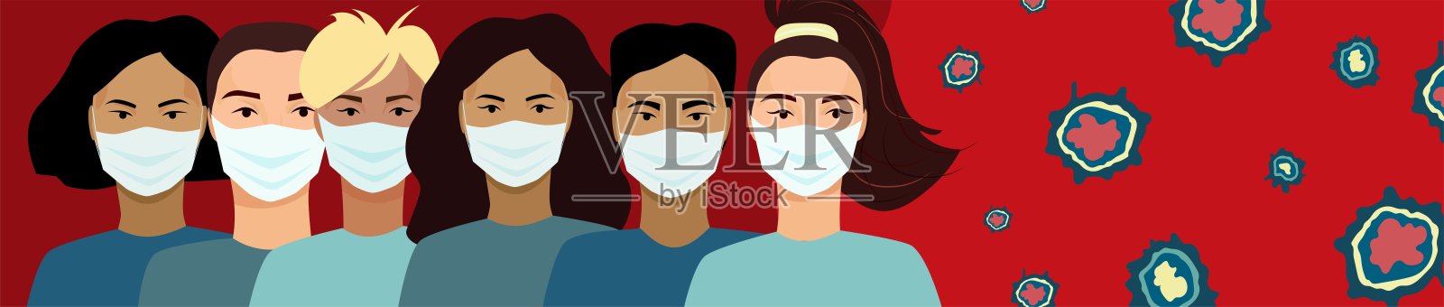 冠状病毒的概念。新型冠状病毒(2019-nCoV)，戴白色医用口罩的妇女和男子。冠状病毒隔离。插画图片素材