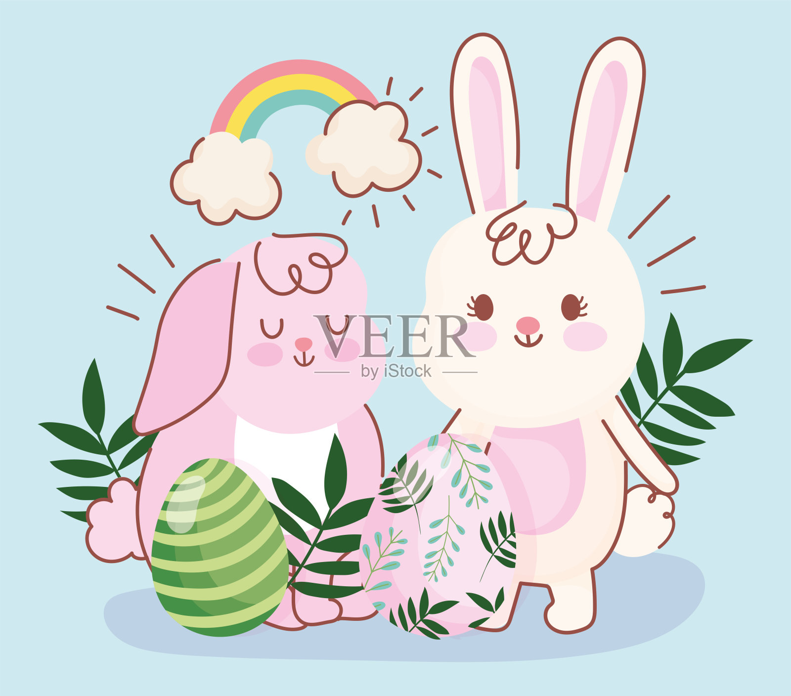 复活节快乐，粉色和白色的小兔子蛋和树叶装饰插画图片素材
